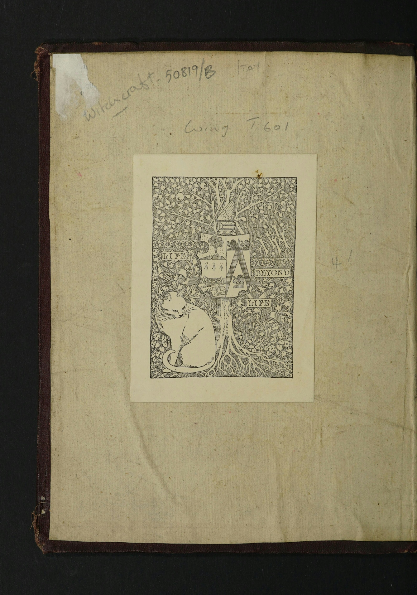 Inside cover of a book with a bookplate depicting a cat sitting beneath an apple tree. A shield with a coat of arms on hangs from the tree. Adjacent to the tree are the words 'life beyond life and the intersecting initials AMW. Written above the bookplate in pencil are the library accession code for the book and the word 'Witchcraft.'