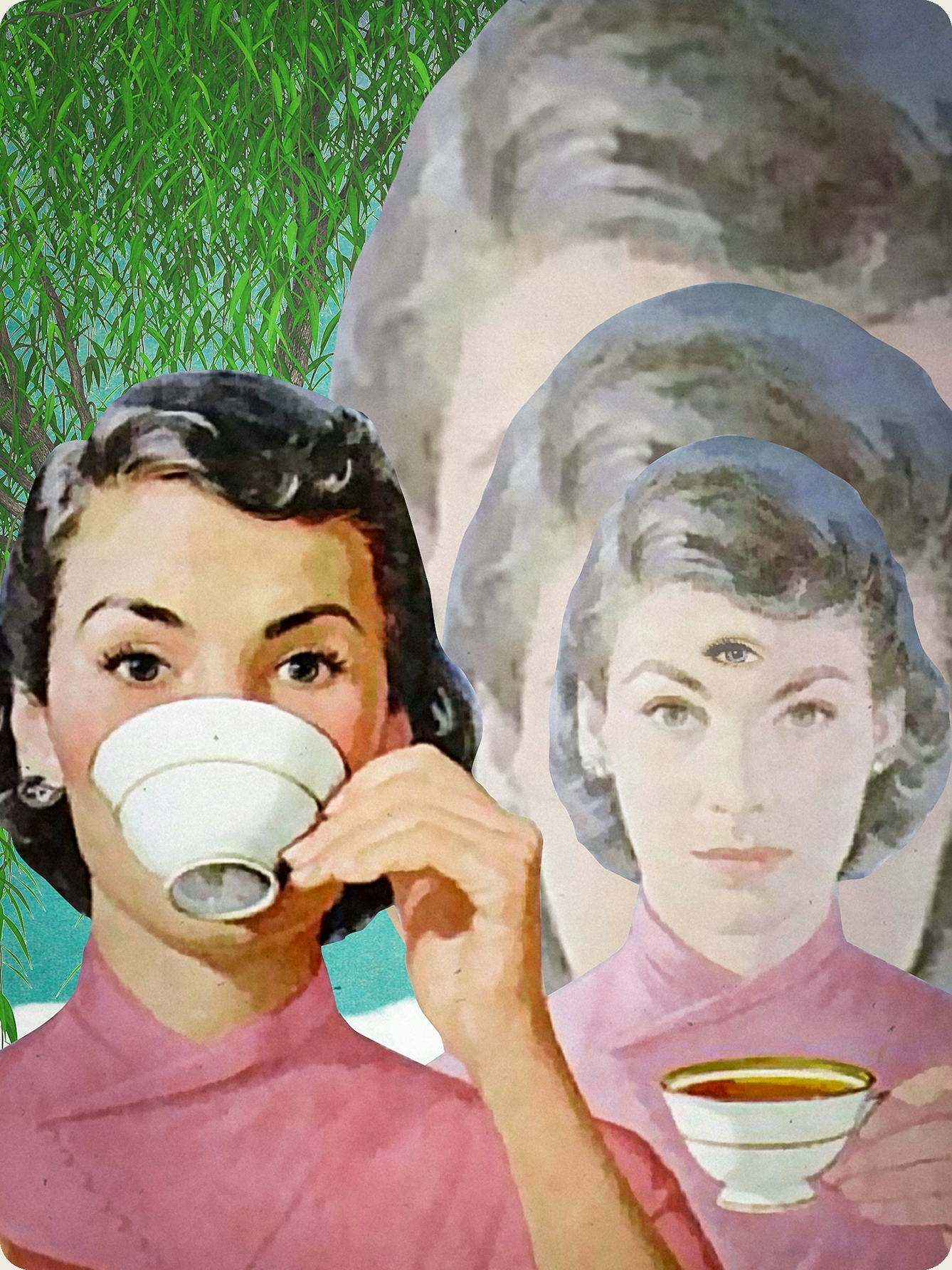 Detail from a larger mixed media digital artwork combining found imagery from vintage magazines and books with painted and textured elements. The overall hues are greens, yellows and pinks. At the centre of the artwork is a woman with short black hair wearing a red/pink Kimono. She is pictured from the shoulders up. In her left raised hand is a white china teacup which is raised to her lips. To the right again, the a duplicate of the woman is reduced in tone and scale and looking towards the viewer with a neutral expression, teacup I hand. In the centre of her forehead is an extra eye. Behind this figure, two further duplications disappear into the distance behind her, increasing in scale. 