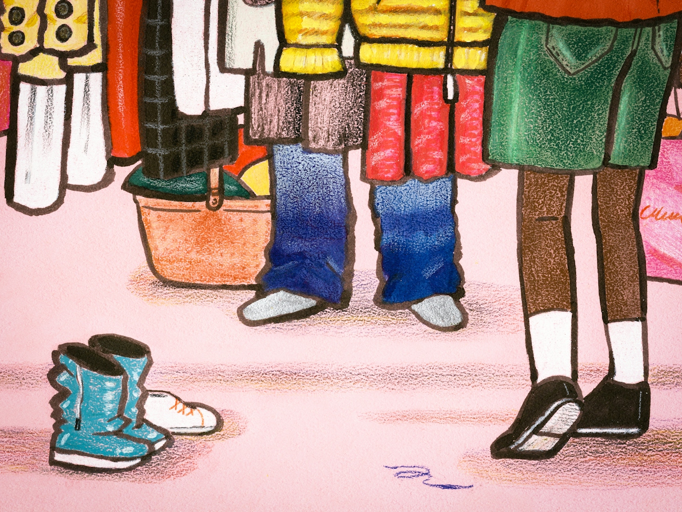 Detail from a larger colour hand drawn artwork showing a clothing market scene. Several people are depicted from the shoulders down, excluding their faces. The people who are carrying shopping bags, are browsing clothing which is hanging from a rail. On the floor are several pairs of shoes and bags and boxes.