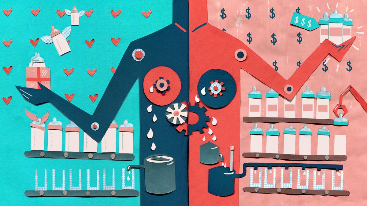 A mixed media illustration depicting a mechanical mother, with breasts being replaced by cogs producing milk. To the left we see rows of baby bottles, some of which have wings and are flying amongst small red hearts. To the right the baby bottles have price tags.