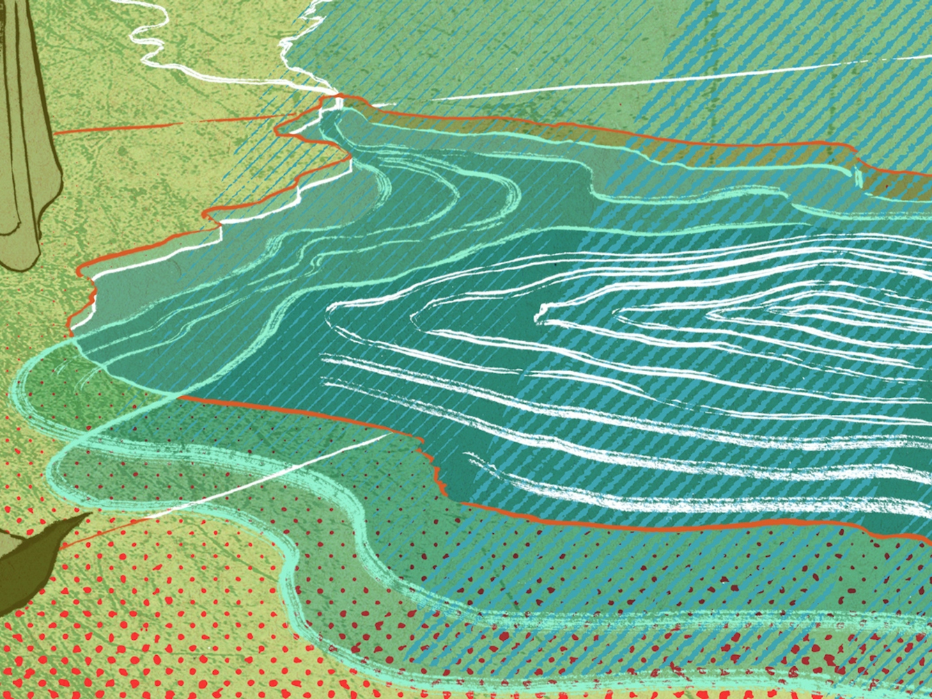 A digital illustration depicting Tulare Lake. From the illustration you can see the rivers flowing to it as well as the different water levels of the lake. There are map-like red lines in surrounding the lake depicting the different borders of the land.
