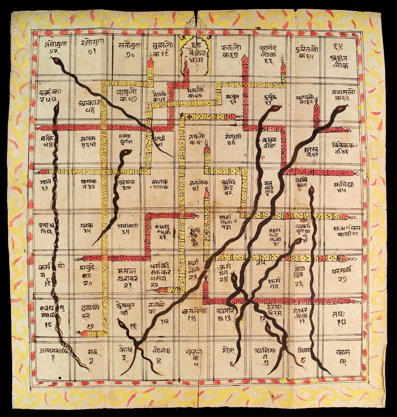 Manuscript page showing a grid 9 by 8 squares large with snakes, ladders, and Sanskrit text.