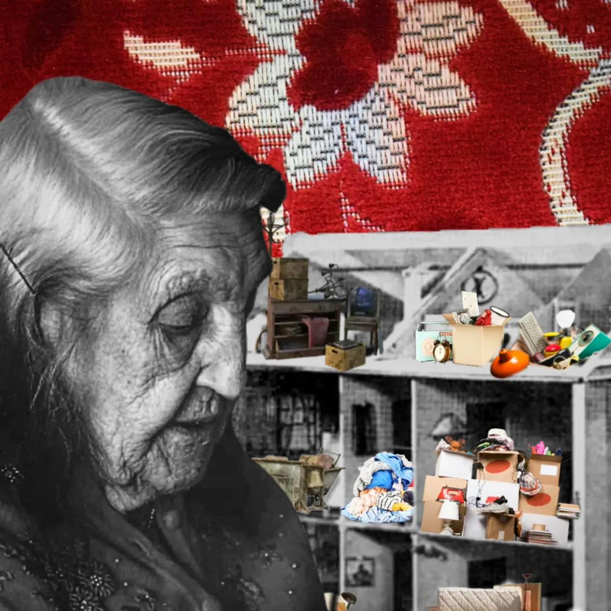 Colourful digital collage. In the foreground is a black and white photograph cut-out of an elderly woman looking downwards. A bobby pin pulls back the grey hair around her right ear. She is wearing a flowery embroidered shawl. Behind the elderly woman and within her eye line is a black and white cut out of a three story toy dollhouse. The walls and roof of one side of the dollhouse have been removed, exposing the interior of the house. Inside the dollhouse in the different rooms there are many small, colourful cut outs of household objects and furniture, including an alarm clock, wooden chests of drawers, filled cardboard boxes, piles of books and bed sheets. The objects are stacked on top of each other messily, forming many piles. The background is a photograph of a red and white floral print.