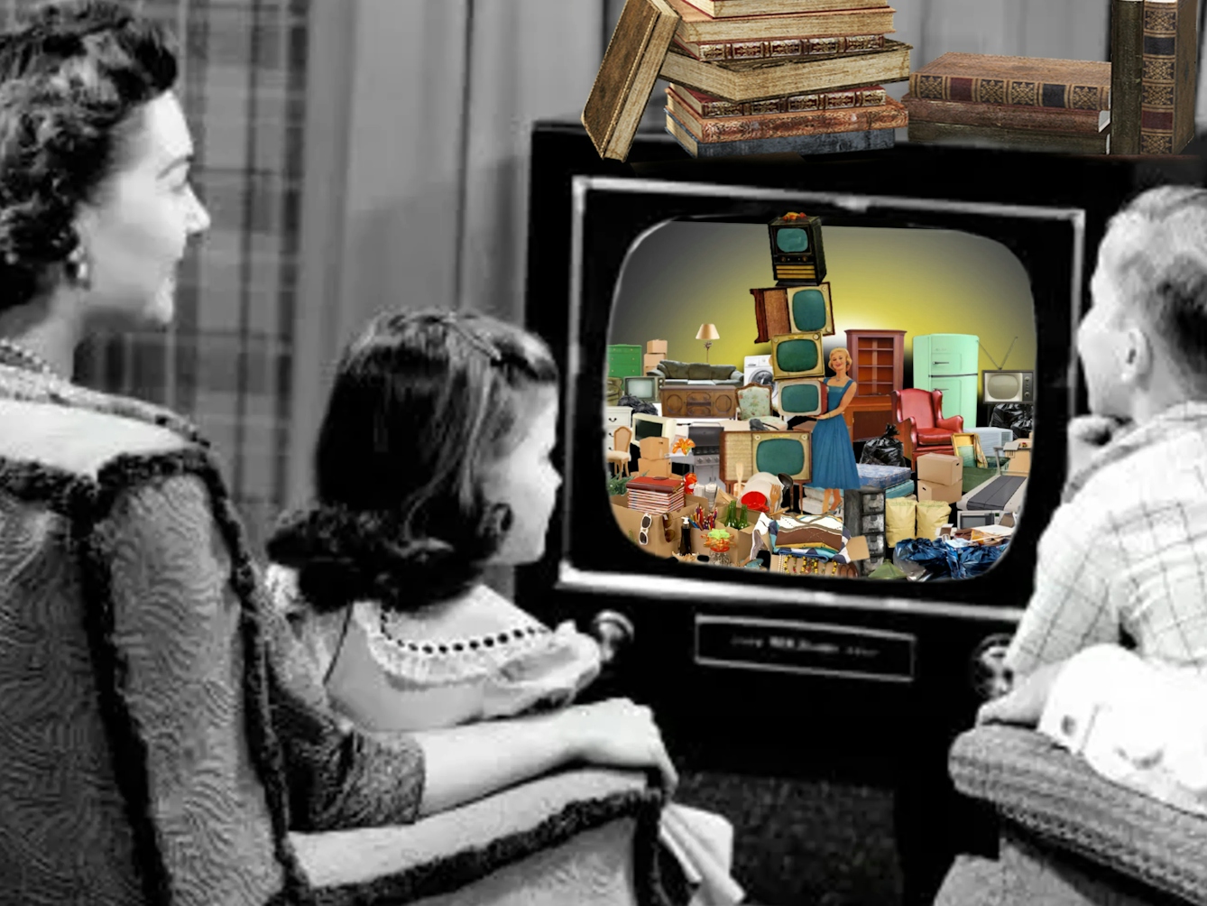 Crop of a larger digital collage showing a family of four (a mother, father and a young boy and girl) sat on two armchairs watching an old fashioned television in black and white. On the television screen there are lots of household objects crowded together and stack on top of one another haphazardly. There are some ornate hardback books piled up on top of the television set. 