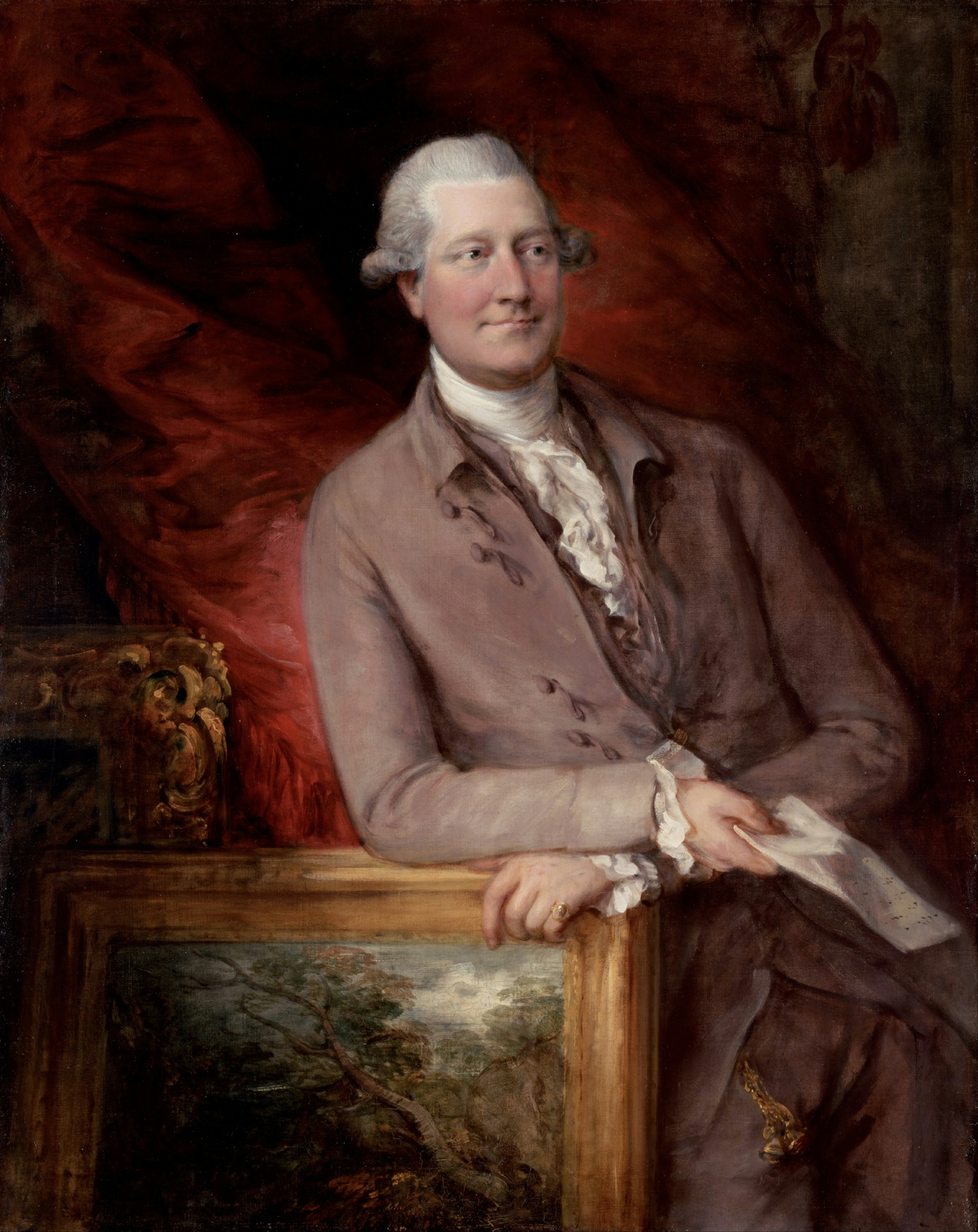 Painting of James Christie.  He is depicted leaning casually on a framed landscape painting.