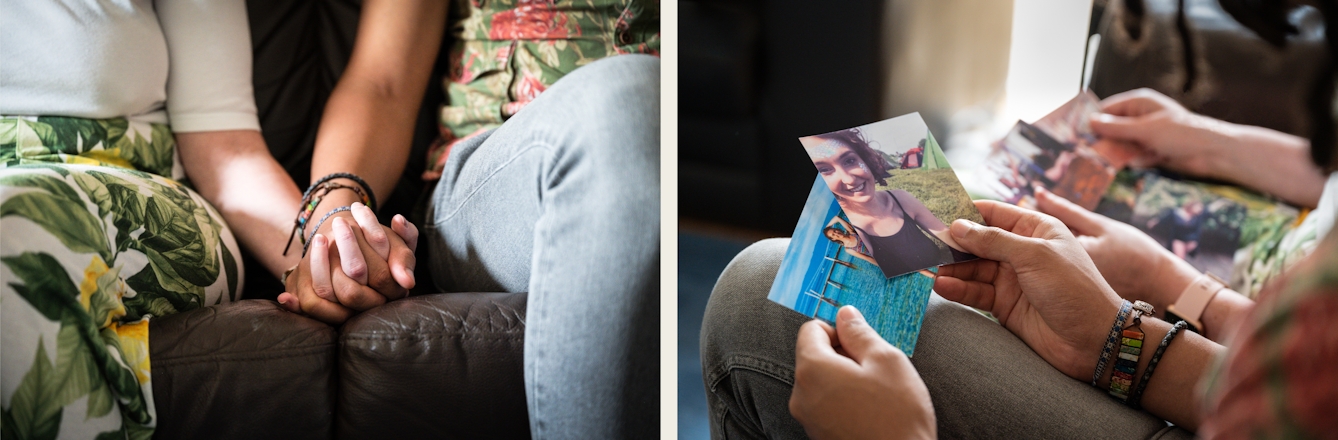 Photographic diptych. The image on the right shows a closeup of a man and a woman holding hands whilst seated pin a brown leather sofa. The woman on the left is wearing a white elbow length top and leaf patterned trousers. The man on the right is wearing grey jeans and a green and red patterned floral shirt. He also has several woven wrist bands. The image on the right shows the same couple from above, looking down onto their laps, closeup. They are both holding photographic prints of a young woman whilst camping and at the beach.