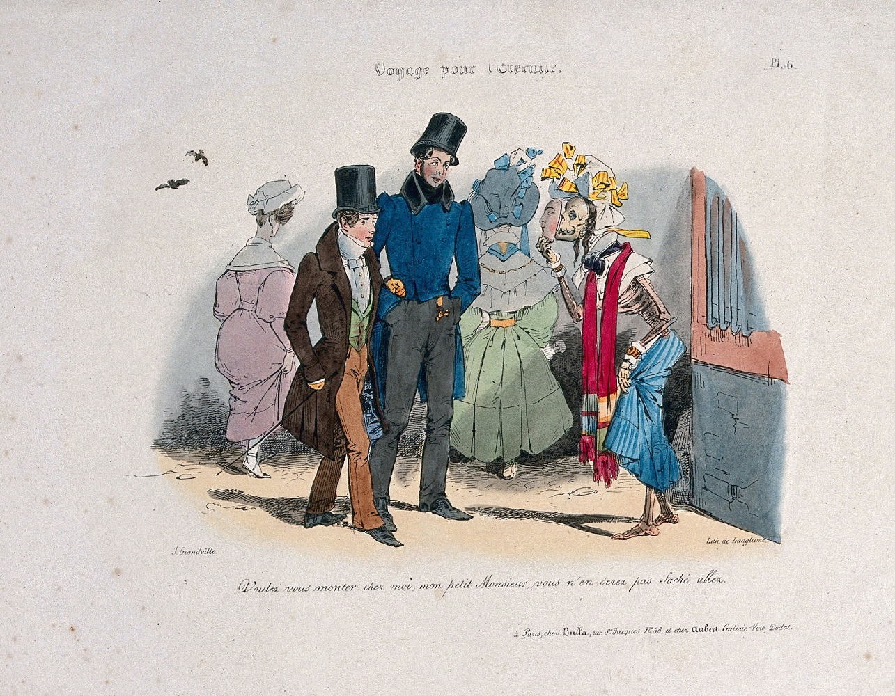 Two smart young men in 19th century frock coats and top hats stand in a street talking to a skeletal figure dressed in cheap skirt, shawl and bonnet and gloves. The figure holds up a face mask of an attractive young female face to hide the skeleton beneath. The French text under the image translates to "Would you like to come up to my house, my little sir, you won't be sorry, come on."