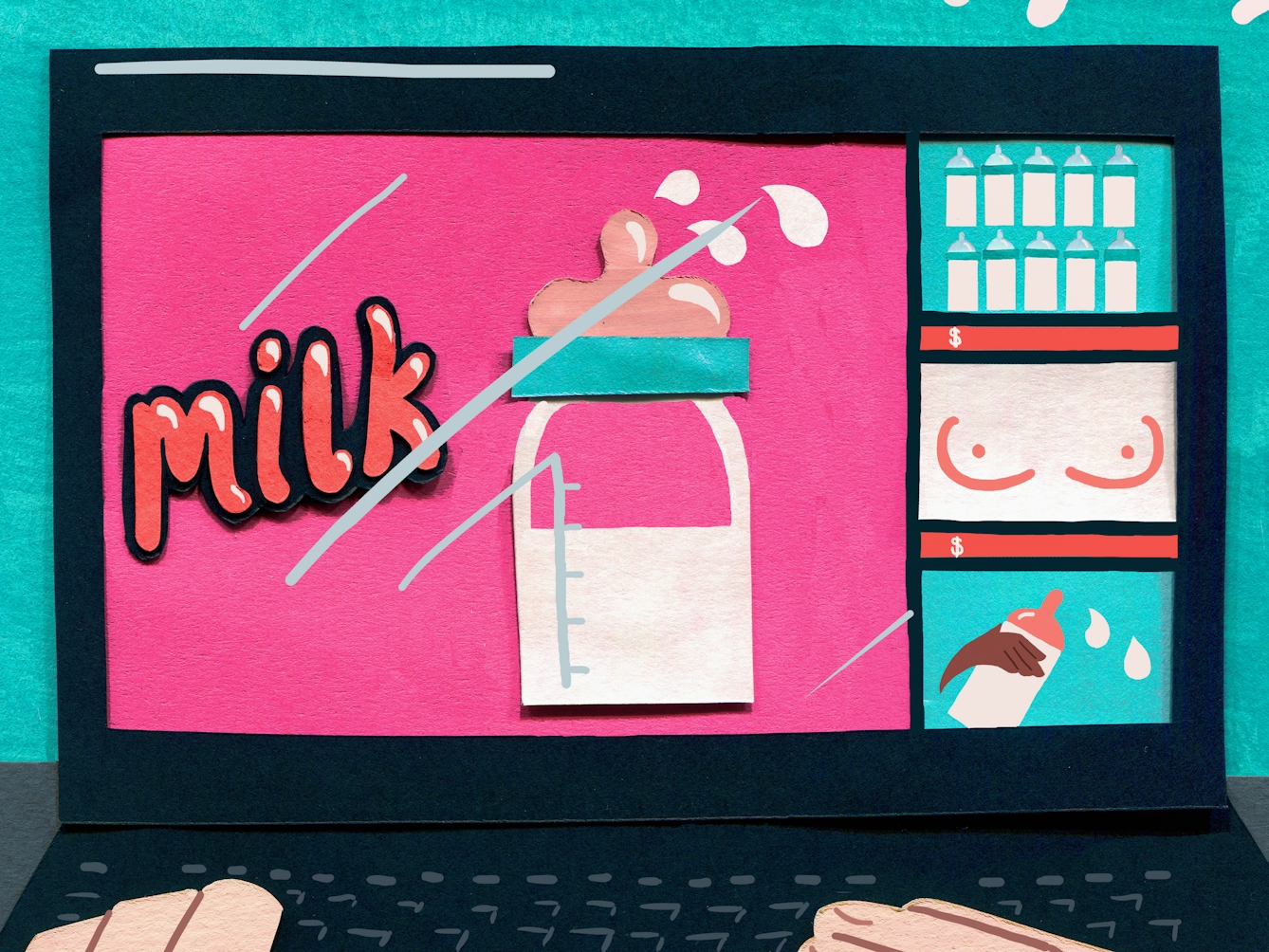 A mixed media illustration showing the screen of a laptop. The screen is displaying bottles of milk as well as depictions of breasts.