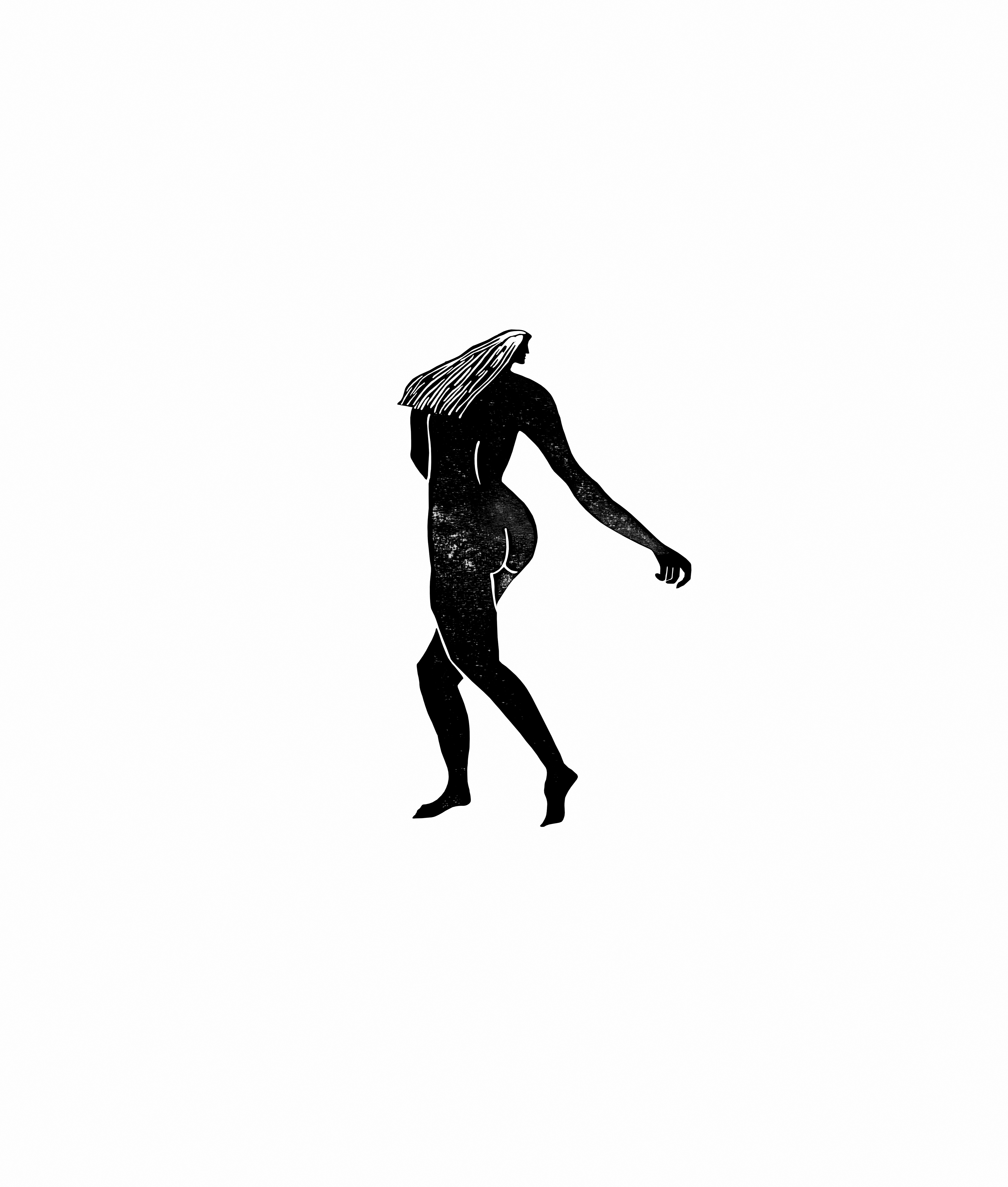 Black and white illustration of a naked person with long hair dancing 