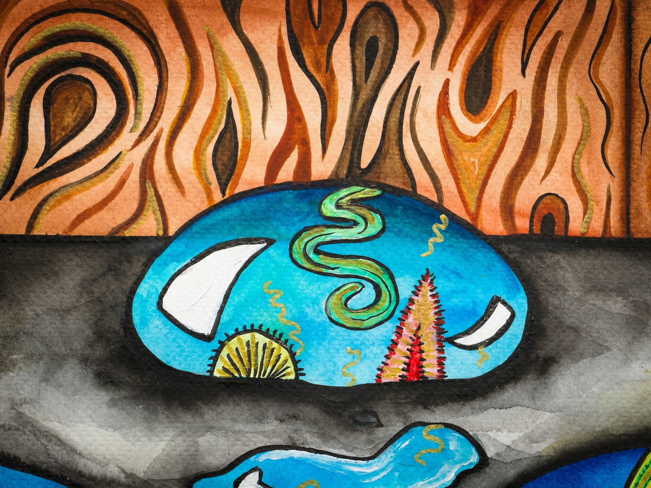 Detail from a larger colourful artwork. The artwork shows a grey floor with a large rock and puddles. Within these are various colourful vines, leaves and abstract objects. Above the floor, there is an orange wall with an abstract swirling pattern on it.