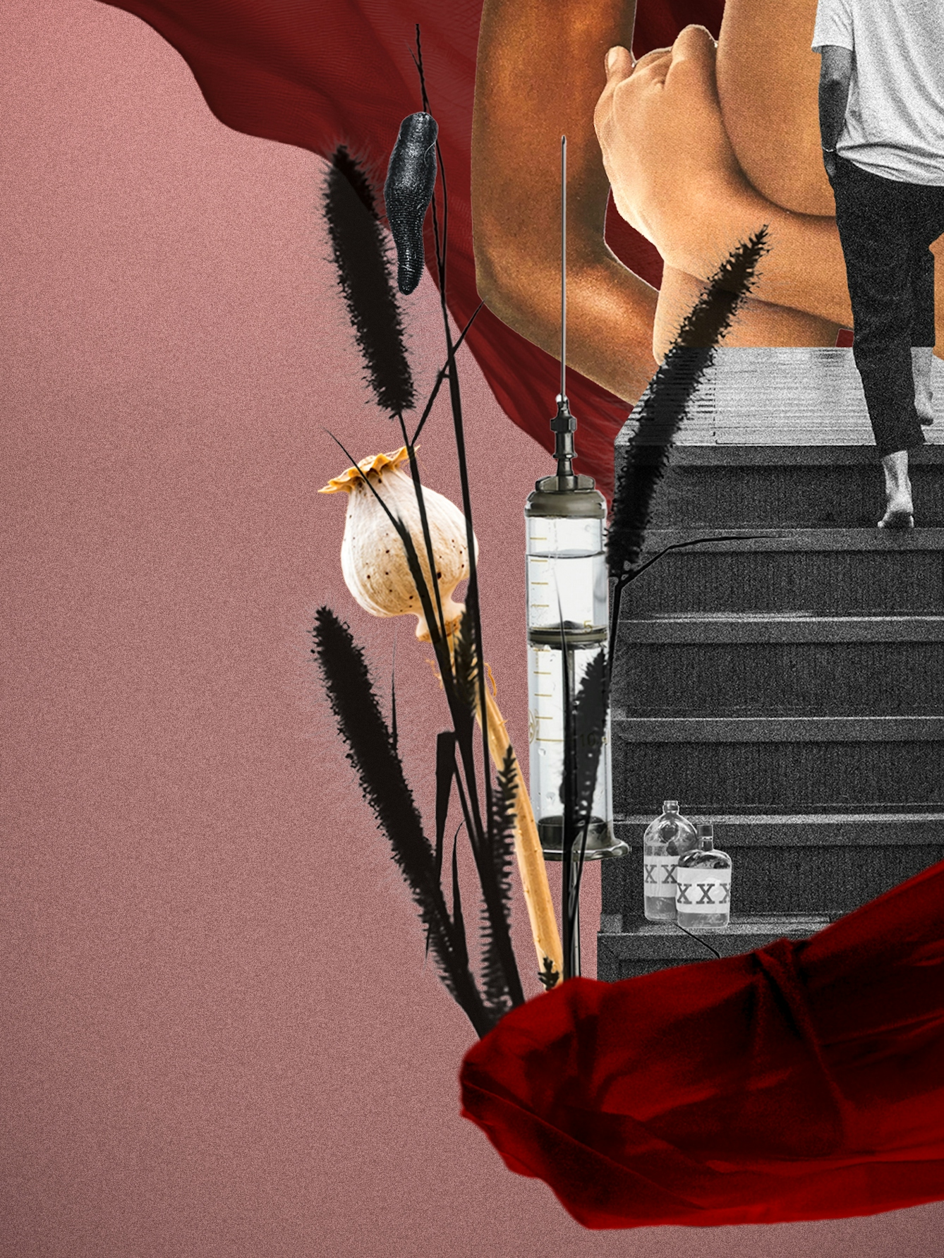 Detail from a larger digital collage artwork made up of pink, red and black and white hues. At the centre is a staircase rising up. At the top is the back of a woman who has just reach the top. In front of her are fragments of two large female torsos. At the base of the staircase are a collection of objects, a poppy seed head, a syringe, a leech, grasses and 2 bottles with XXX printed on the label.