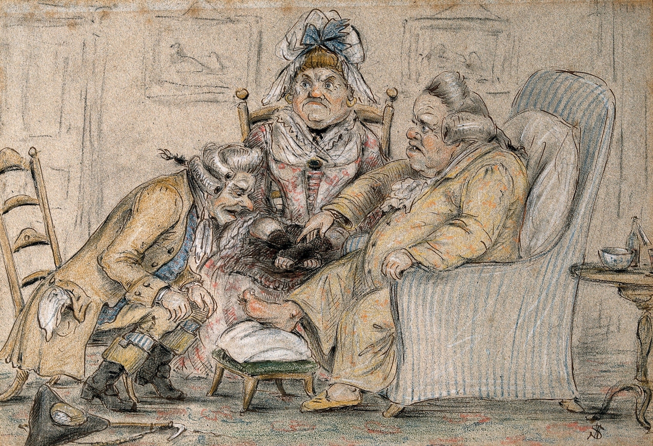 Painting showing two seated men and one seated woman. One of the men is in an armchair with a bare foot resting on a cushion on a stool. The other man is leaning over to examine the foot, which appears red and swollen.