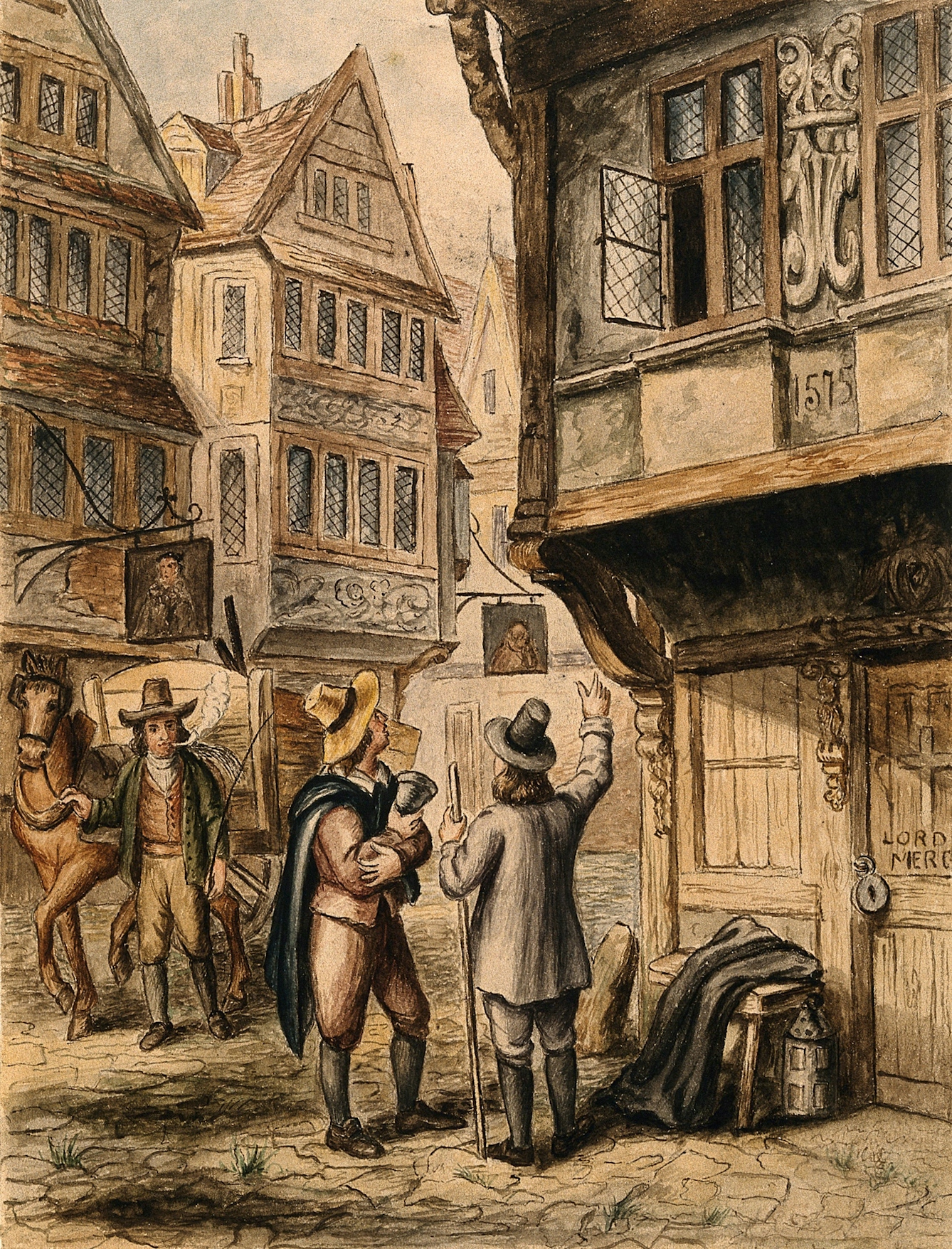 Watercolour painting showing two men gesturing up at an open window of a house that is padlocked from the outside and has a cross on the door. In the background a man exhaling a plume of smoke leads a horse and cart towards the building.