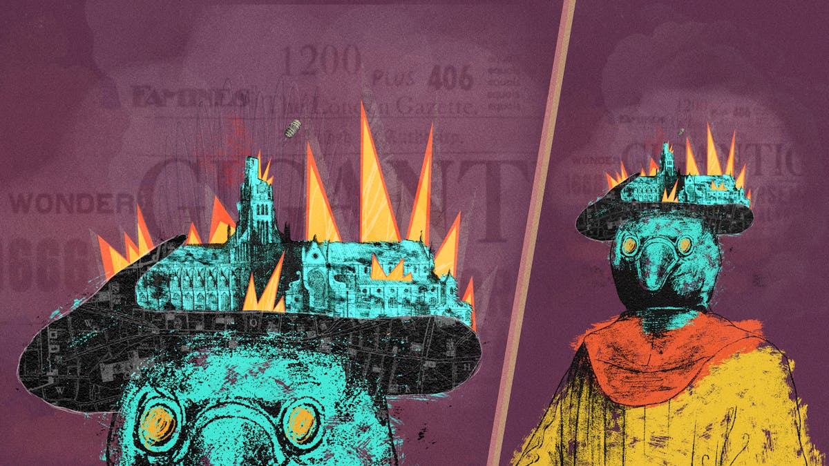 Mixed media digital artwork combining found imagery from vintage magazines and books with painted and textured elements. The overall hues are purples, yellows and blues. The illustration is split in two by a red and yellow line running vertically through the image at a slight angle. On the right side of this line is an illustration of a person wearing a plague suit from 1666 complete with hat and face covering with eye holes and a beak-like snout. The head and hat are tinted blue whilst the collar is orange and the gown yellow. The hat is made out of a representation of St.Paul's Cathedral as it looked in 1666. It is on fire, with flames spiking out in all directions. Behind the figure is a purple background with newspaper print words, including 'famines', 'wonder', The London Gazette' and 'Gigant...'. On the left side of the vertical lines, the image of this figure is duplicated and enlarged to reveal it in more detail and crops out the figure's body. A small barrel can now be seen flying through the air, propelled out of the burning cathedral.