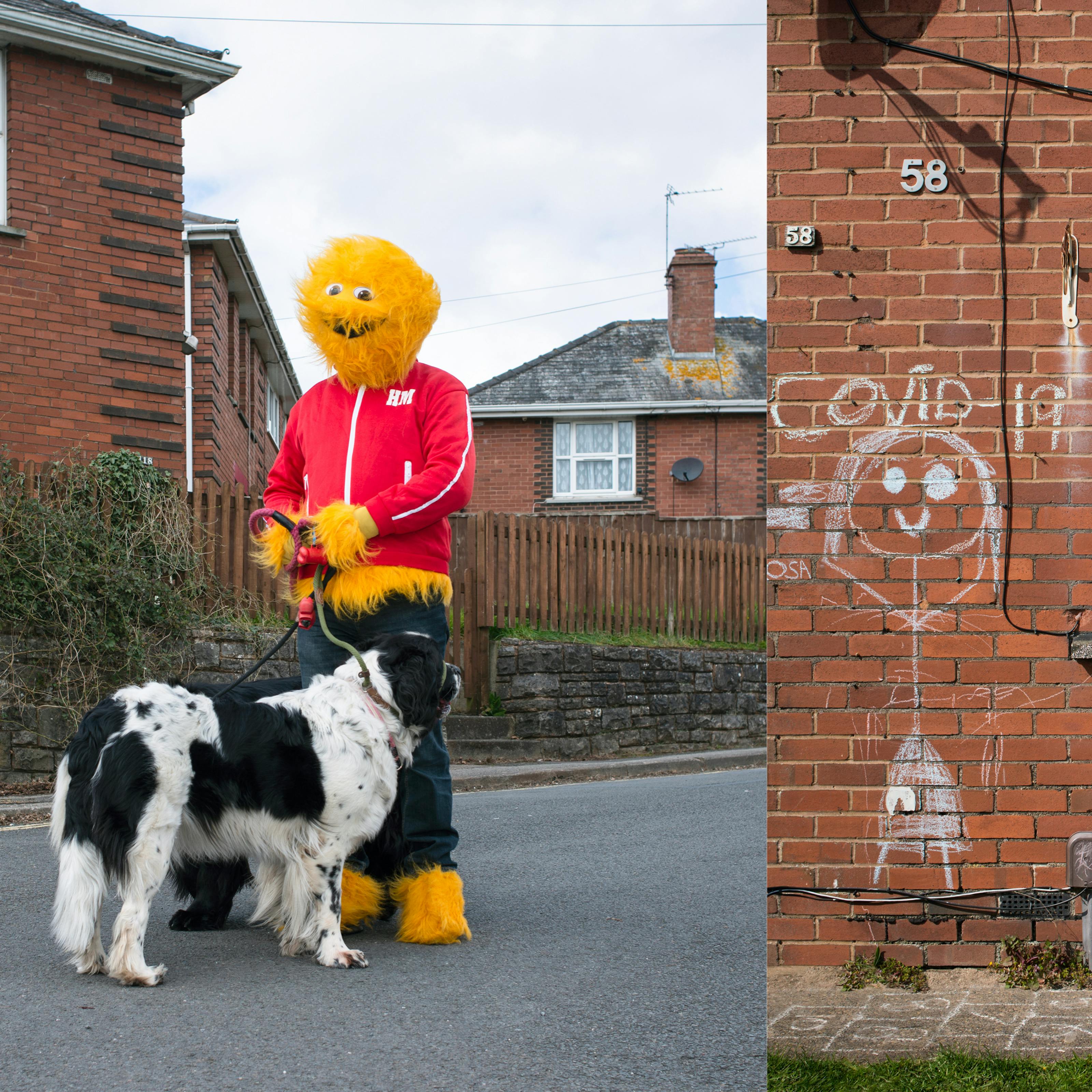 A photographic diptych. The image on the left shows an adult wearing a furry yellow Honey Monster costume, including a red tracksuit top and blue tracksuit bottoms standing in a residential road with red brick houses beyond. The Honey Monster is holding a large black and white dog facing away from camera. The image on the right shows a section of the ground floor of a red brick house with a white PVC door and window with net curtains. On the brick wall surrounding the window there is a large chalk drawing of a stick person with Covid-19 written above it. Beneath the window is written ‘stay home’.