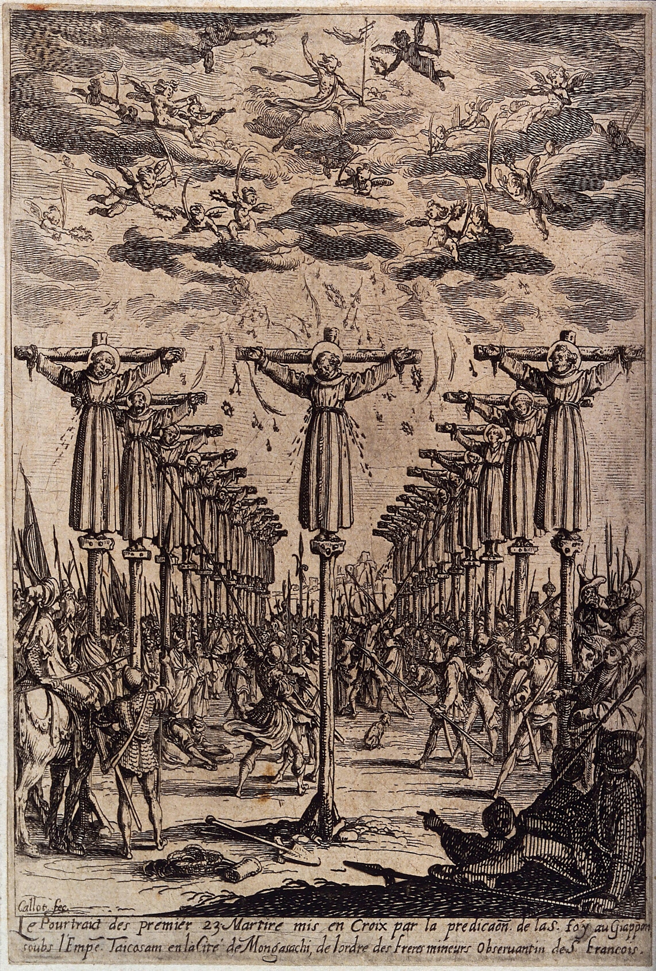 Black and white etching showing rows and rows of people in robes being crucified. They have halos. Below them, many people mill about bearing weapons and some are poking up at the people being crucified. Above them, winged figures are flying in the clouds.