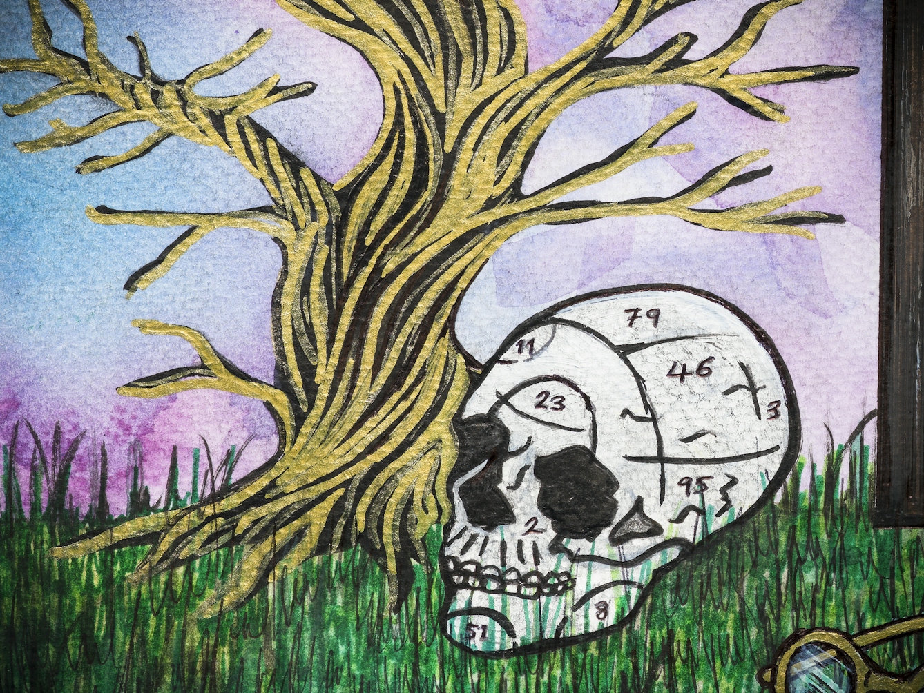 Detail from a larger colourful artwork made with paint and ink on textured watercolour paper. The artwork shows a landscape of green grass on which are a selection of objects all at different scales including a skull divided into numbered sections.