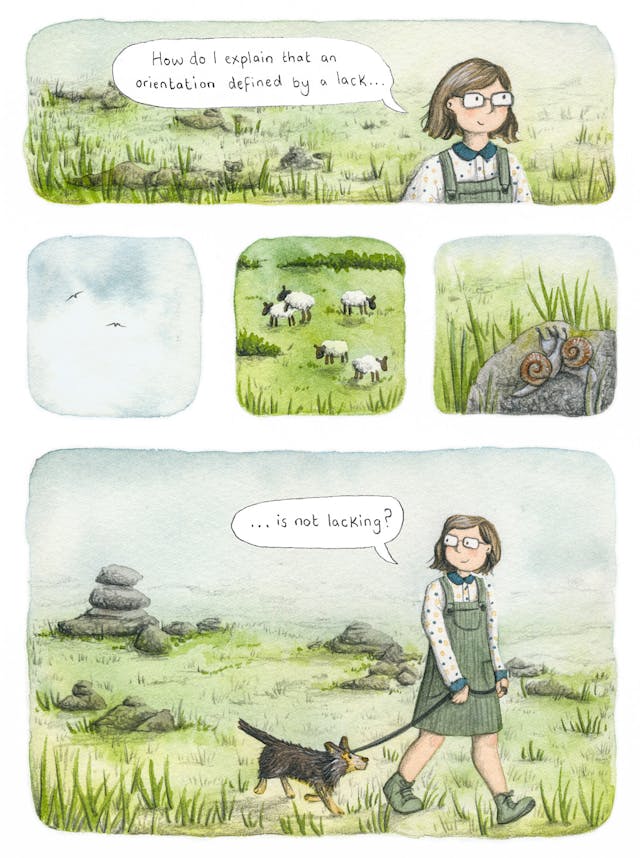 Five panel colourful illustration.
 
Panel 1 shows a person with shoulder length brown hair wearing glasses, a polka dot top and green dungarees standing in a field. There is a speech bubble coming from them which reads 