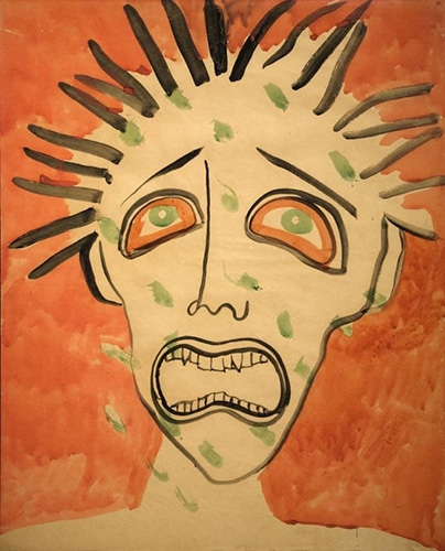 Painting of a howling face with short, spiky black hair.