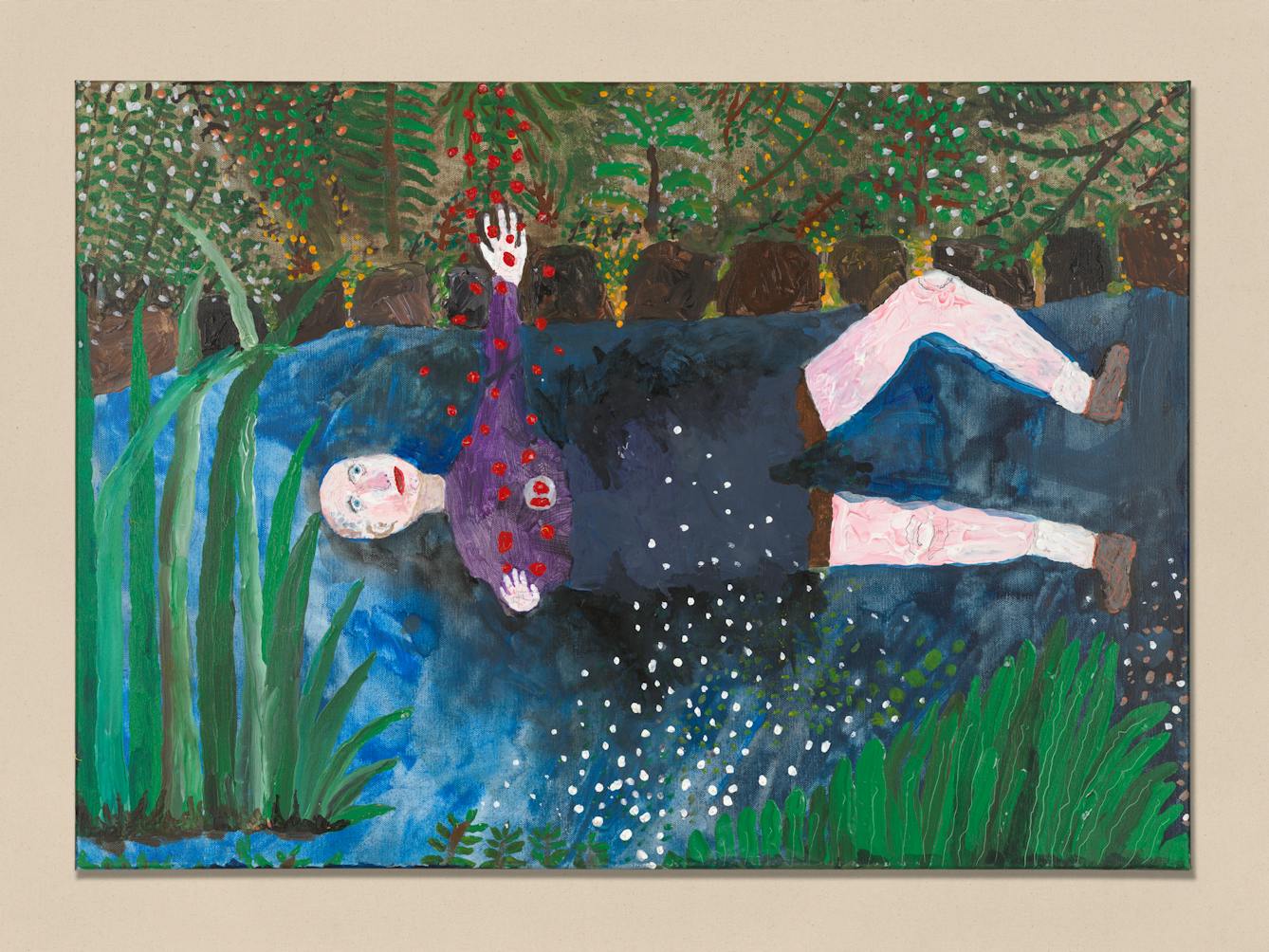 Acrylic on canvas artwork by Chris Miller titled ‘Me as Ophelia’. In the artwork a man is laying in a stream, surrounded by woods. The man is reaching upwards to some falling red dots.
