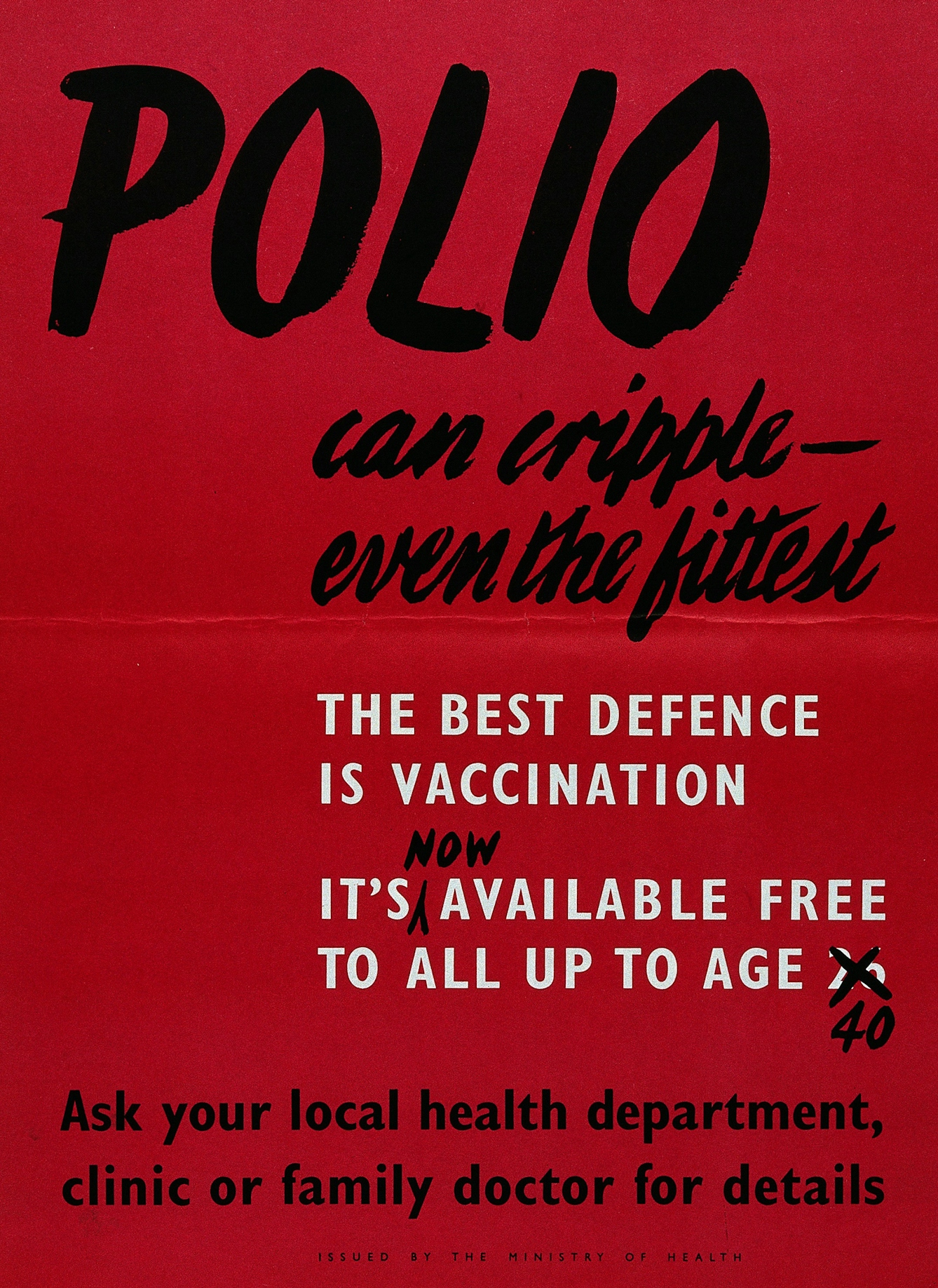 British Ministry of Health poster stating “the best defence” against polio “is vaccination”, around 1940