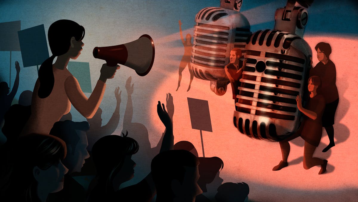 Illustration of a female figure on the left hand side who is rising up out of a larger crowd of people. She is holding a loudhailer to her mouth and speaking. The crowd are raising their hands in support, some hold placards. In front of the crowd are two over-scale broadcast microphones being held by 4 individuals pushing them slightly towards the crowd. The hues of the illustration are muted reds, blues and whites.