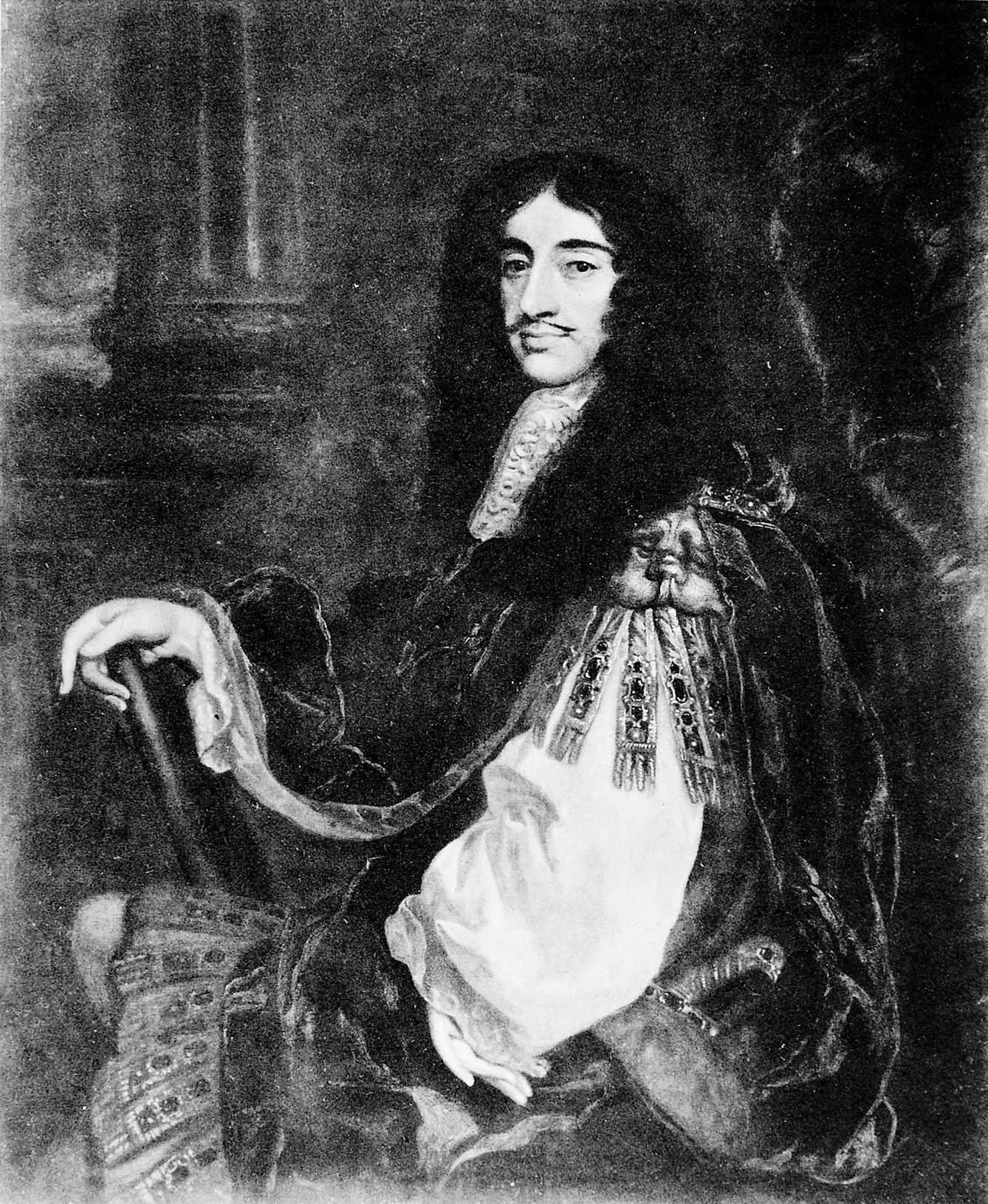 Black and white painting of King Charles II. He wears embellished robes and his right hand is poised on a wooden object. 