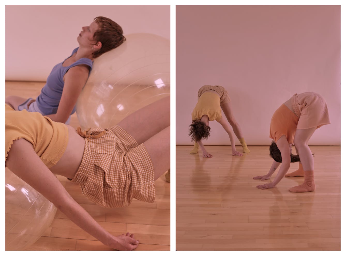 A photographic diptych. The left photograph shows  two slim, white, mid-twenties people, calmly reclining on clear exercise balls. The right photograph shows two people on a shiny wooden floor. They are wearing shorts, t-shirts and socks. They are both folded at the hips so that their heads hang between their legs. 