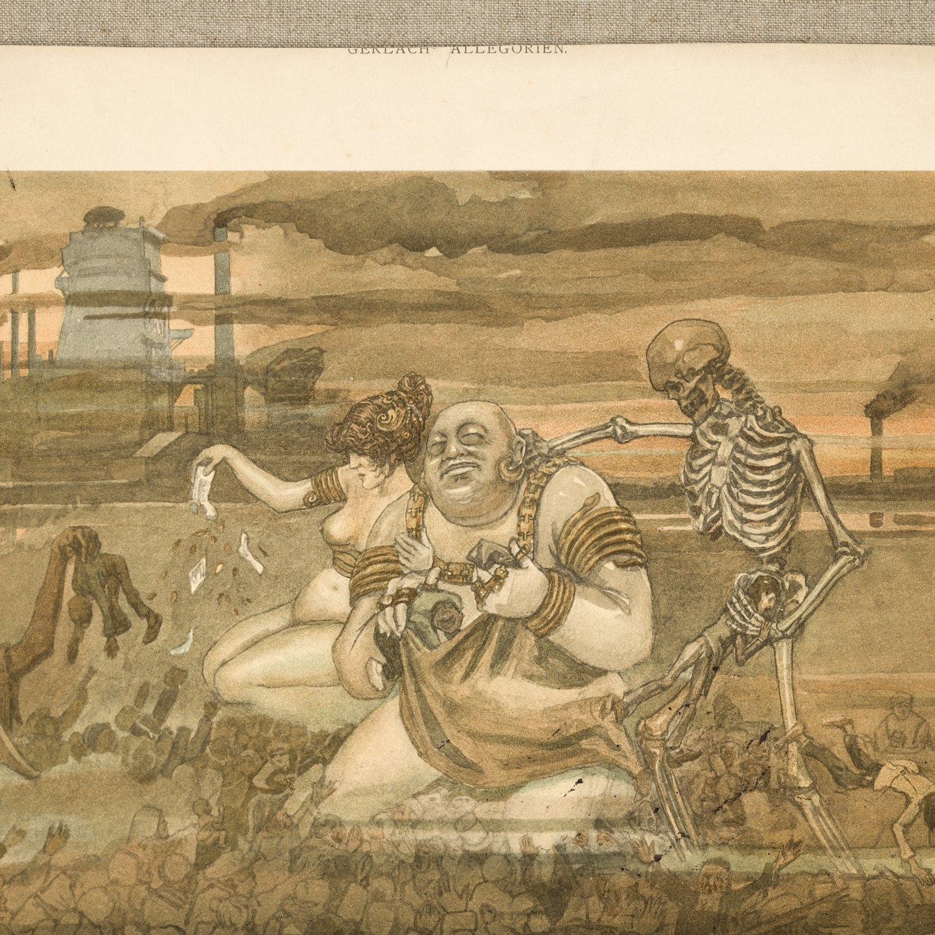 Photograph of a watercolour painting against a textile background, depicting a semi naked man and woman kneeling in dirt next to a skeleton. Factory chimneys billowing smoke are in the background.