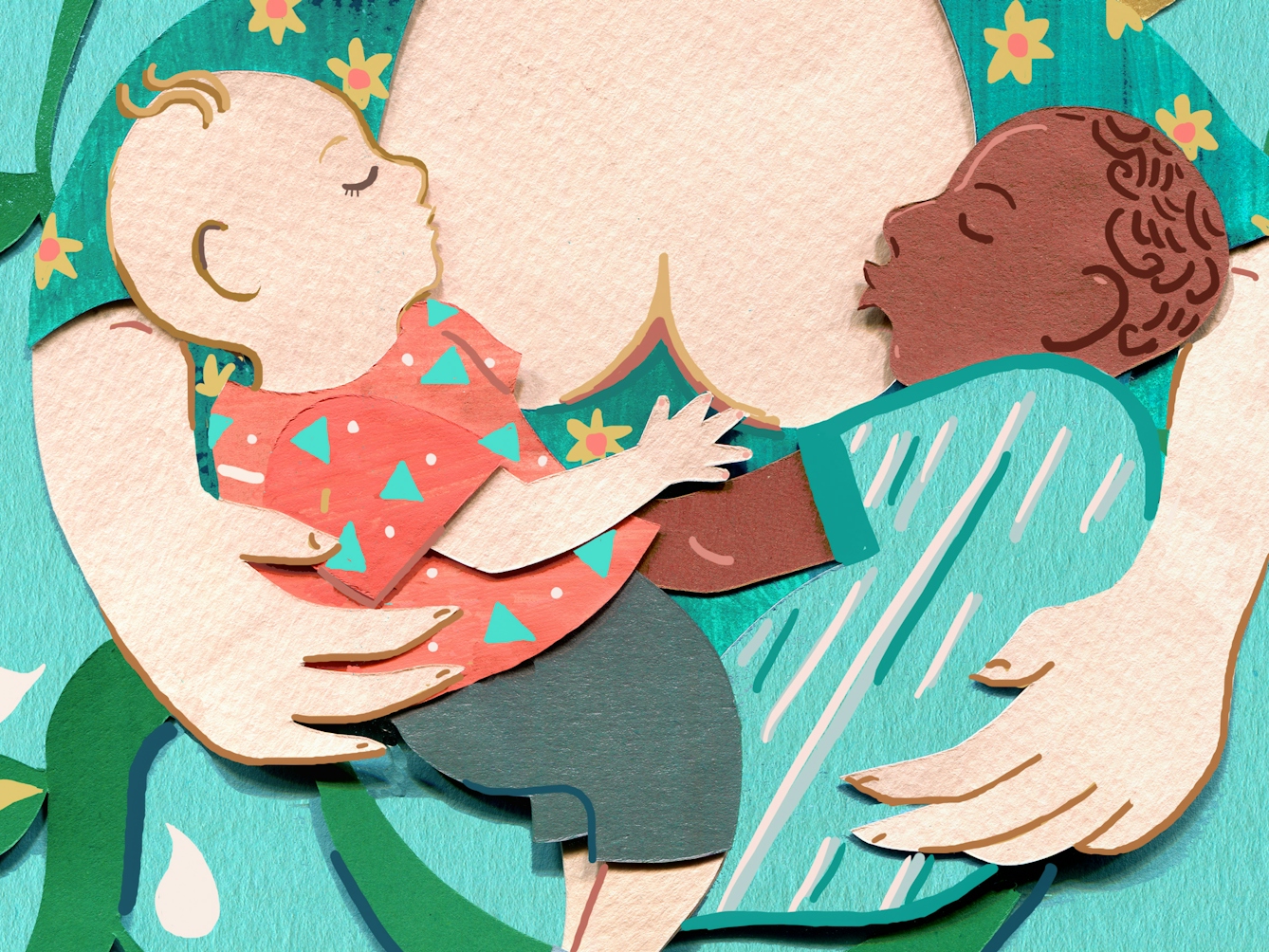 A mixed media illustration depicting a white mother breastfeeding two children simultaneously. The child on the left is white and wearing patterned clothing, the child on the right is black and wrapped in a blanket.