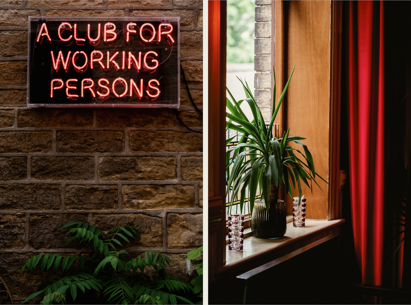 Photographic diptych made up of two portrait orientation images. The image on the left shows a bare brick interior wall on which a red neon sign has been hung. The sign reads, "A club for working persons". At the bottom of the image the tops a several green plants can be seen. The image on the right shows a window alcove from a horizontal angle. Framing the window is a long red curtain. Sitting on the window sill is a large green leafed house plant in a glass ribbed pot. Either side of the pot are two small glass vases, made up of an intricate moulding.