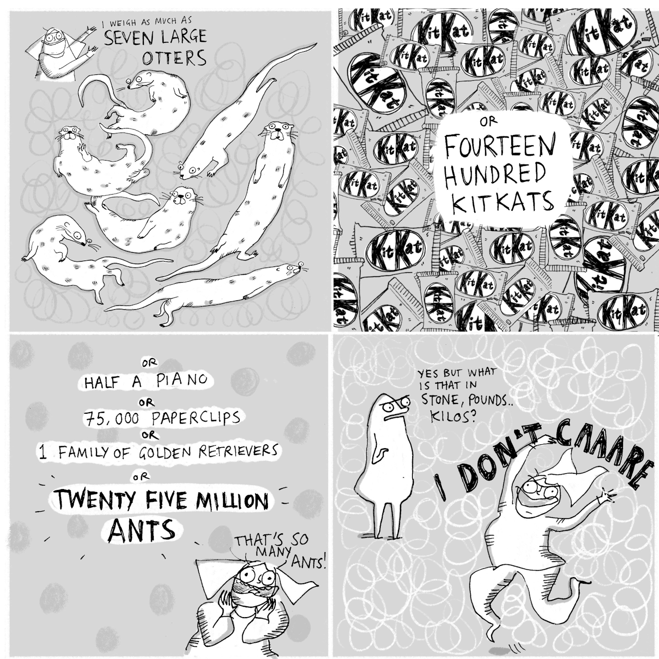 Web comic comprising four panels showing a woman comparing her weight to a range of animals and other items including Otters, Kit Kats, a piano, paperclips, Golden Retrievers and ants.  