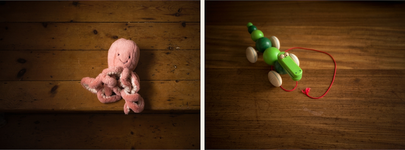 Photographic diptych. The image on the left shows a pink fluffy octopus on a wooden stair case. The image on the right shows a wooden crocodile toy with wheels and a red string resting on a wooden floor.