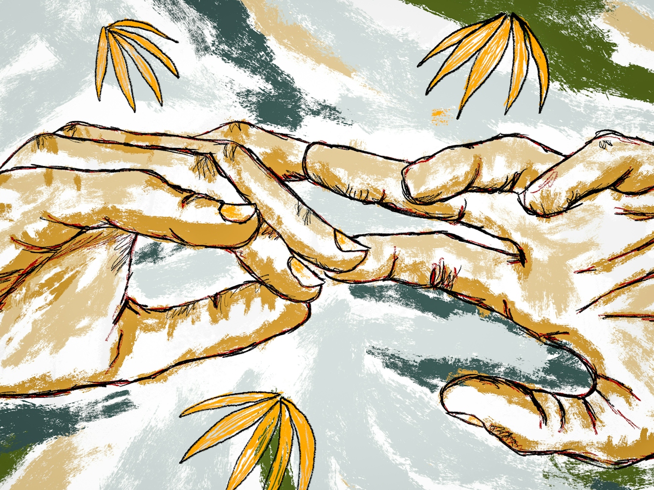 Detail from a larger colour digital artwork showing a figurative study of a pair of hands gracefully suspended in mid air, visible from just above the wrists. The hand on the right is held palm upwards, fingers slightly extended. The hand on the left is palm down, fingers extended slightly towards the other hand, fingertips just making gentle contact. The background is made up of light textured rough lines of green, light blue greys and whites, punctuated by orange leaf-like plants.