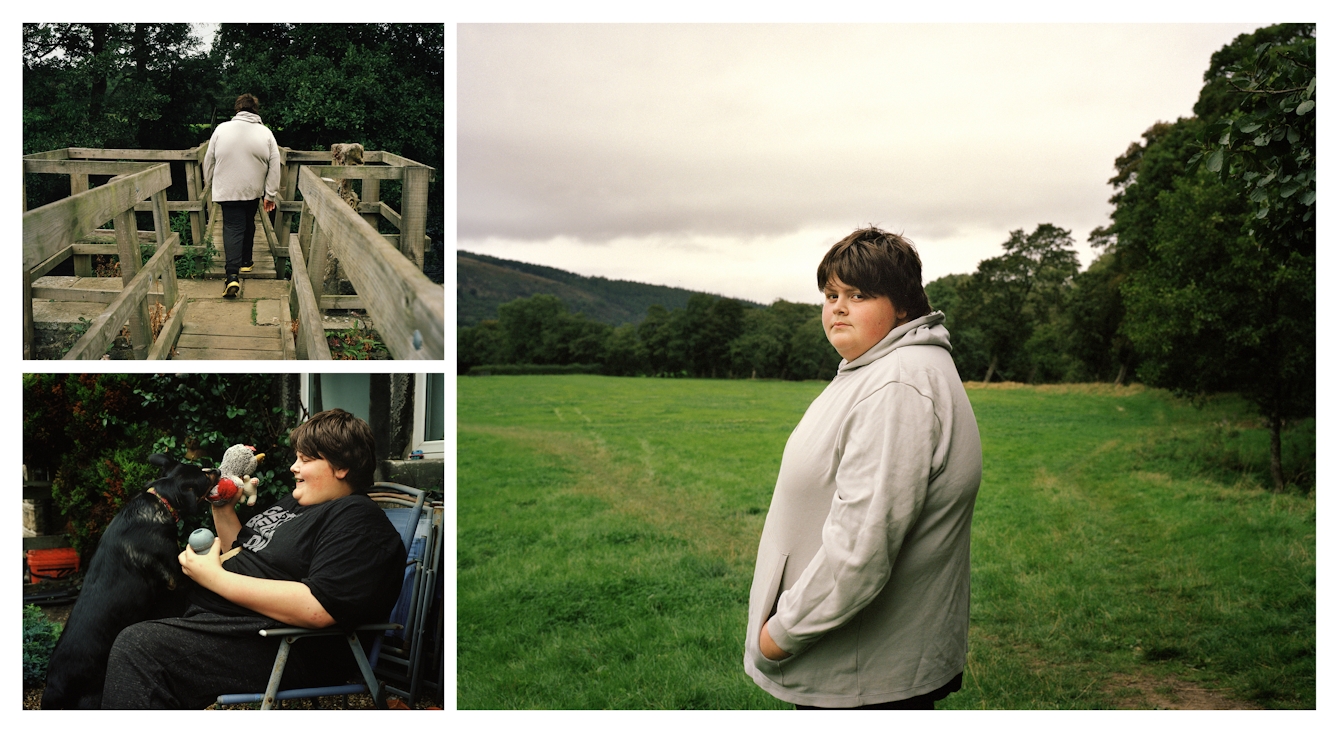 A cluster of 3 photographs, one large and two. The small top left photograph shows a teenage boy in a grey hooded top walking away from the camera over a wooden bridge. The small photograph bottom left shows the same boy sitting in a patio chair playing with a dog. The large photograph on the left shows the same boy standing in a field looking over his shoulder to camera.