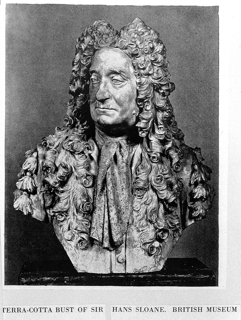 Monochrome photo of bust of Hans Sloan, a man with a long curly wig and a neck scarf