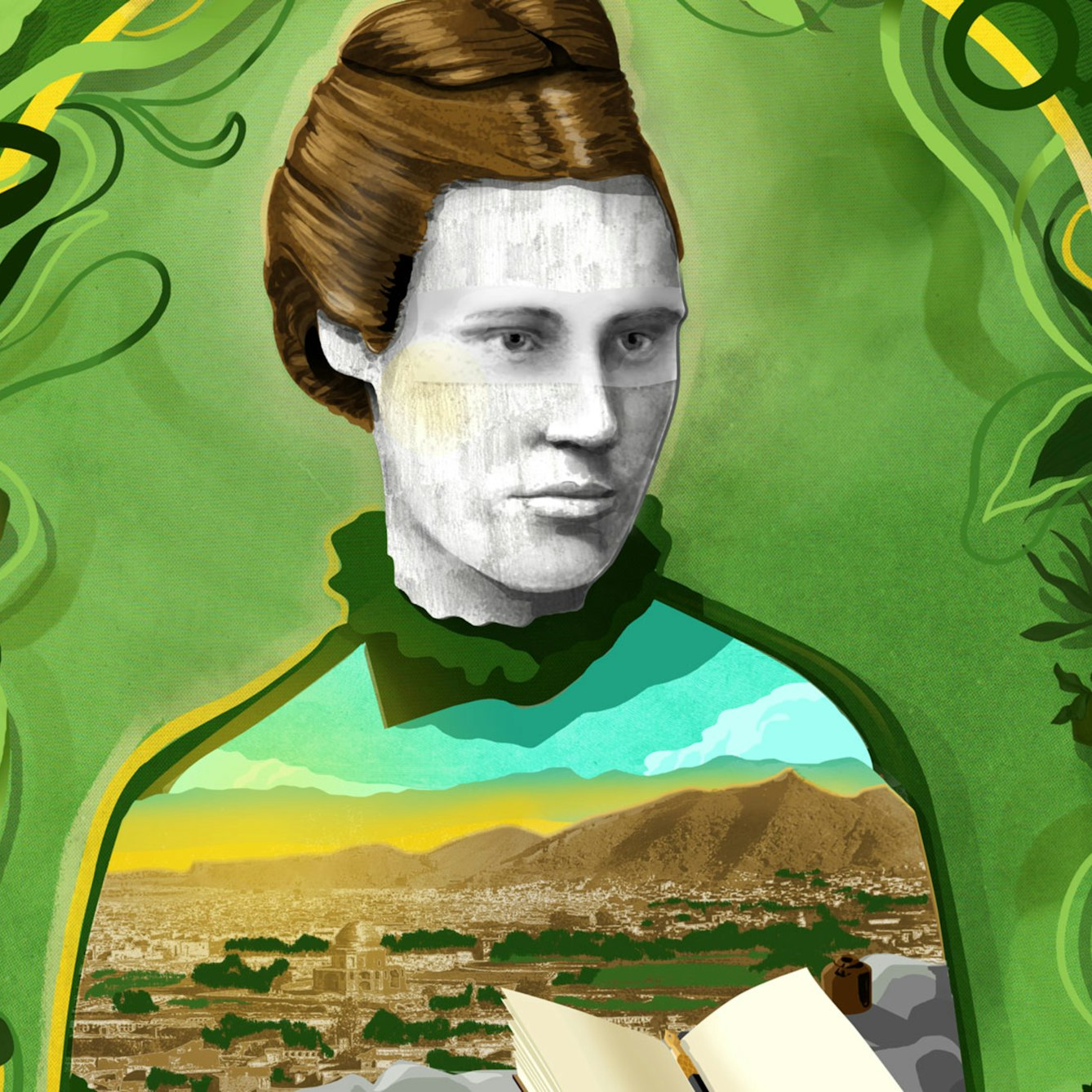 Illustration of Lillias Hamilton surrounded by greenery.