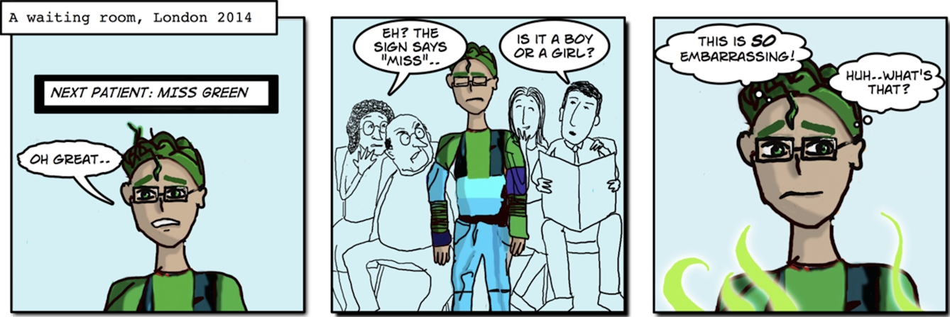 A waiting room, London 2014. Image 1: “Next patient, Miss Green.” Image 2: “Eh? The sign says ‘miss’…” “Is it a boy or a girl?” Image 3: “This is SO embarrassing!” Huh … what’s that?