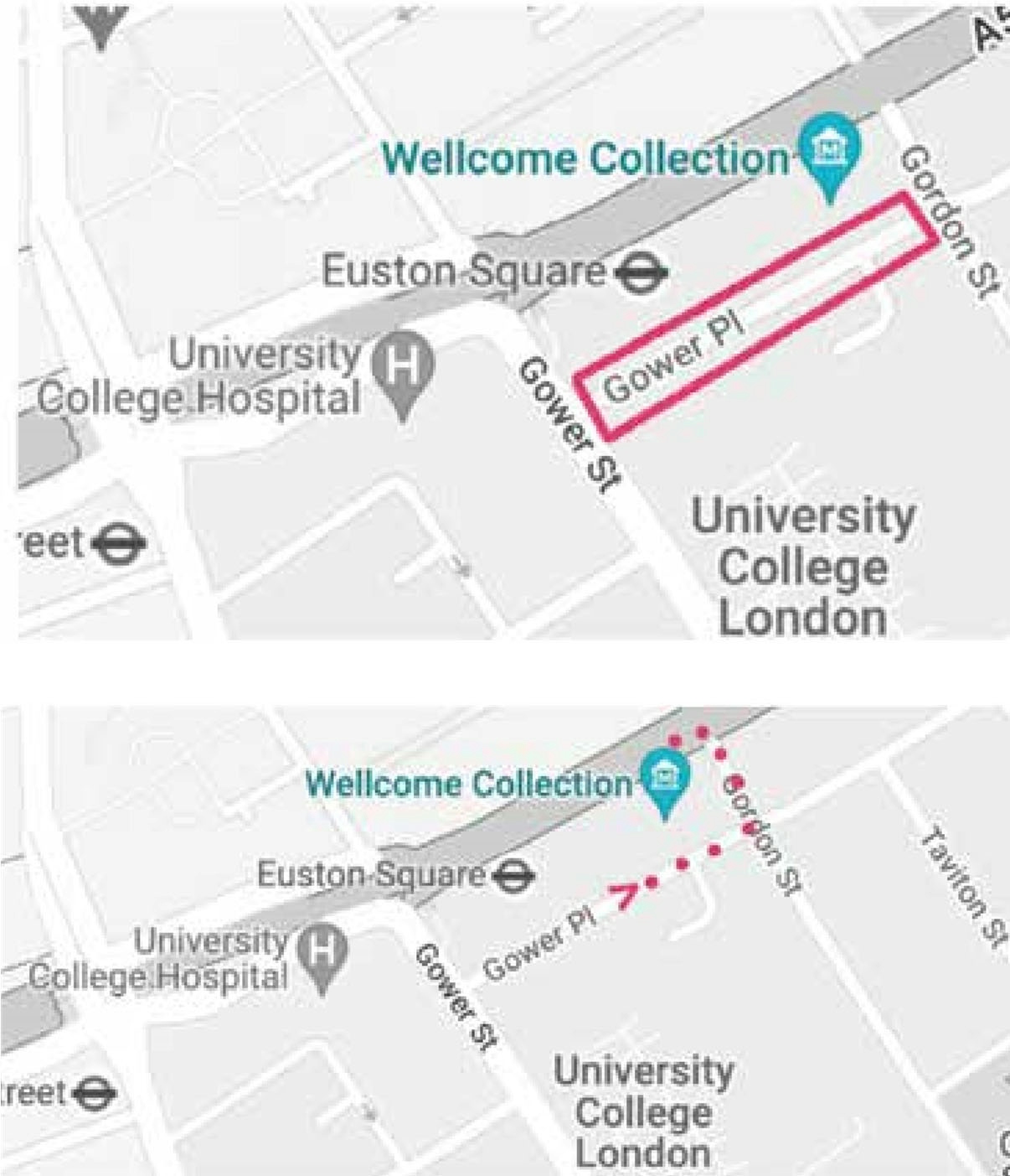 Details from two sections of map showing the location of Gower Place in one and the route to the front entrance of Wellcome Collection from Gower Place in the other.
