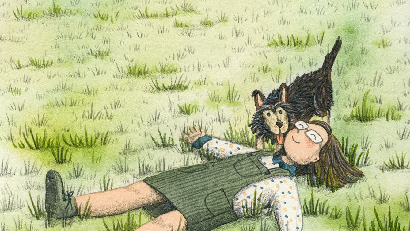 Colourful illustration of a person lying in a grassy field. 

They have shoulder length brown hair and glasses and are wearing a polka dot top, green dungaree dress and boots. They are smiling with their eyes closed. A brown dog is standing next to them with their tongue out. 