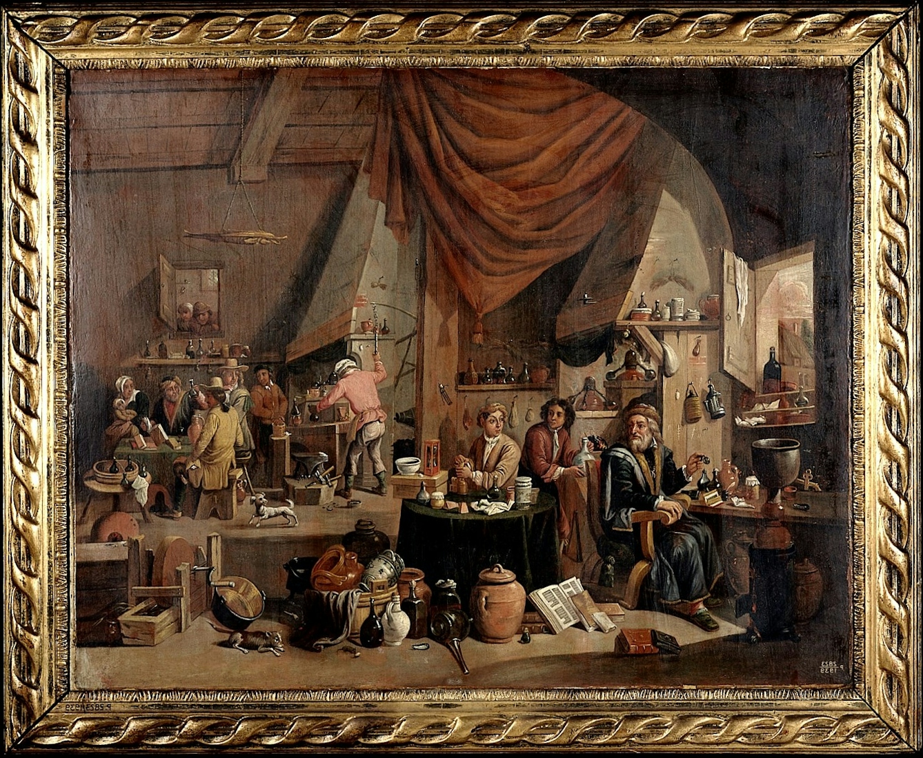 An alchemist in his laboratory, seated to the right at a table covered with bottles. To his left, two apprentices decant liquids, and to their left customers sit at a table examining products.