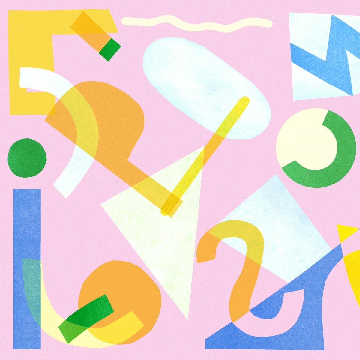 Abstract colourful artwork. The artwork has a light pink background with lots of abstract letters and numbers scattered across it. There are several rectangles, circles and triangles across the background as well. The shapes and letters are in a variety of bright colours: yellow, orange, blue and green. 