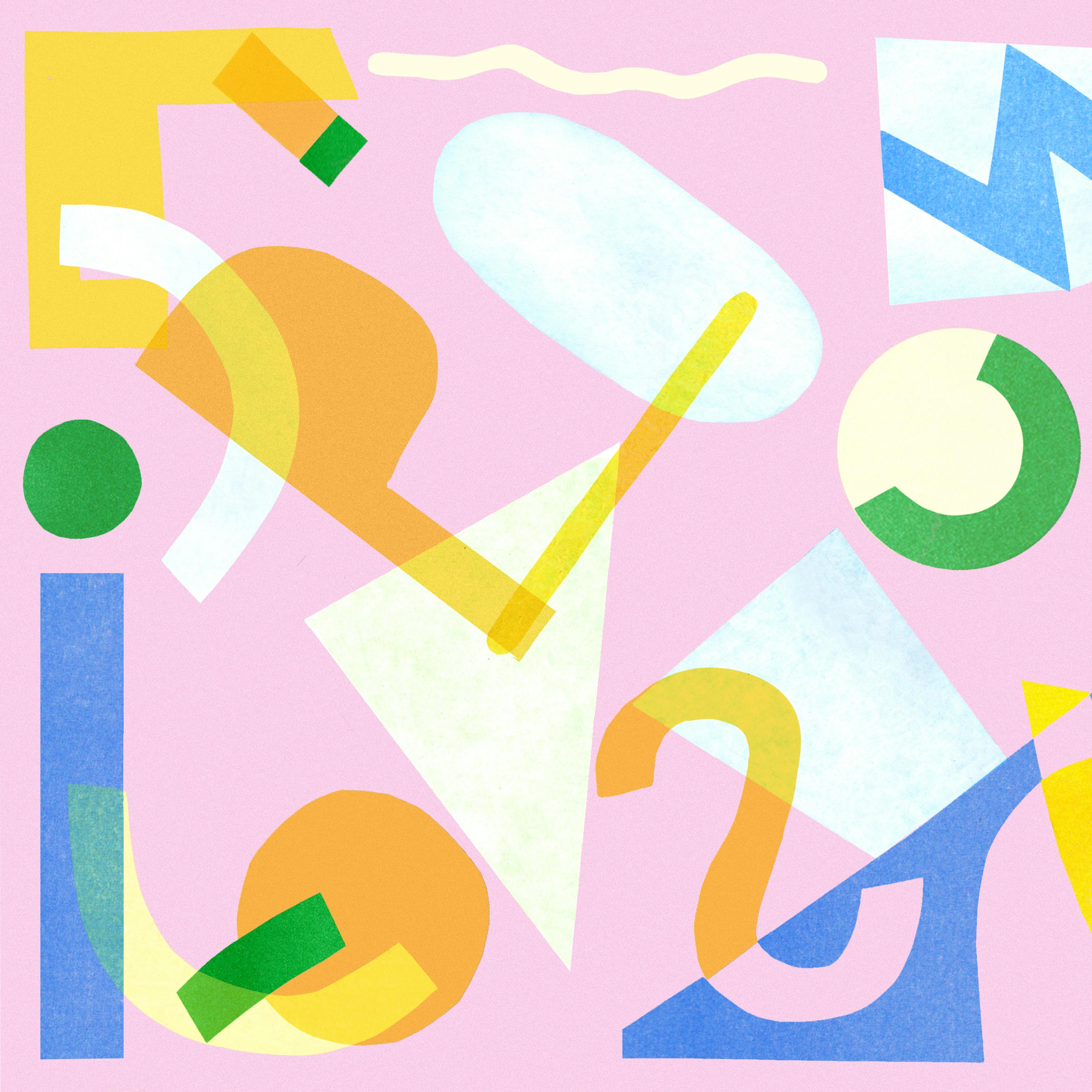 Abstract colourful artwork. The artwork has a light pink background with lots of abstract letters and numbers scattered across it. There are several rectangles, circles and triangles across the background as well. The shapes and letters are in a variety of bright colours: yellow, orange, blue and green.