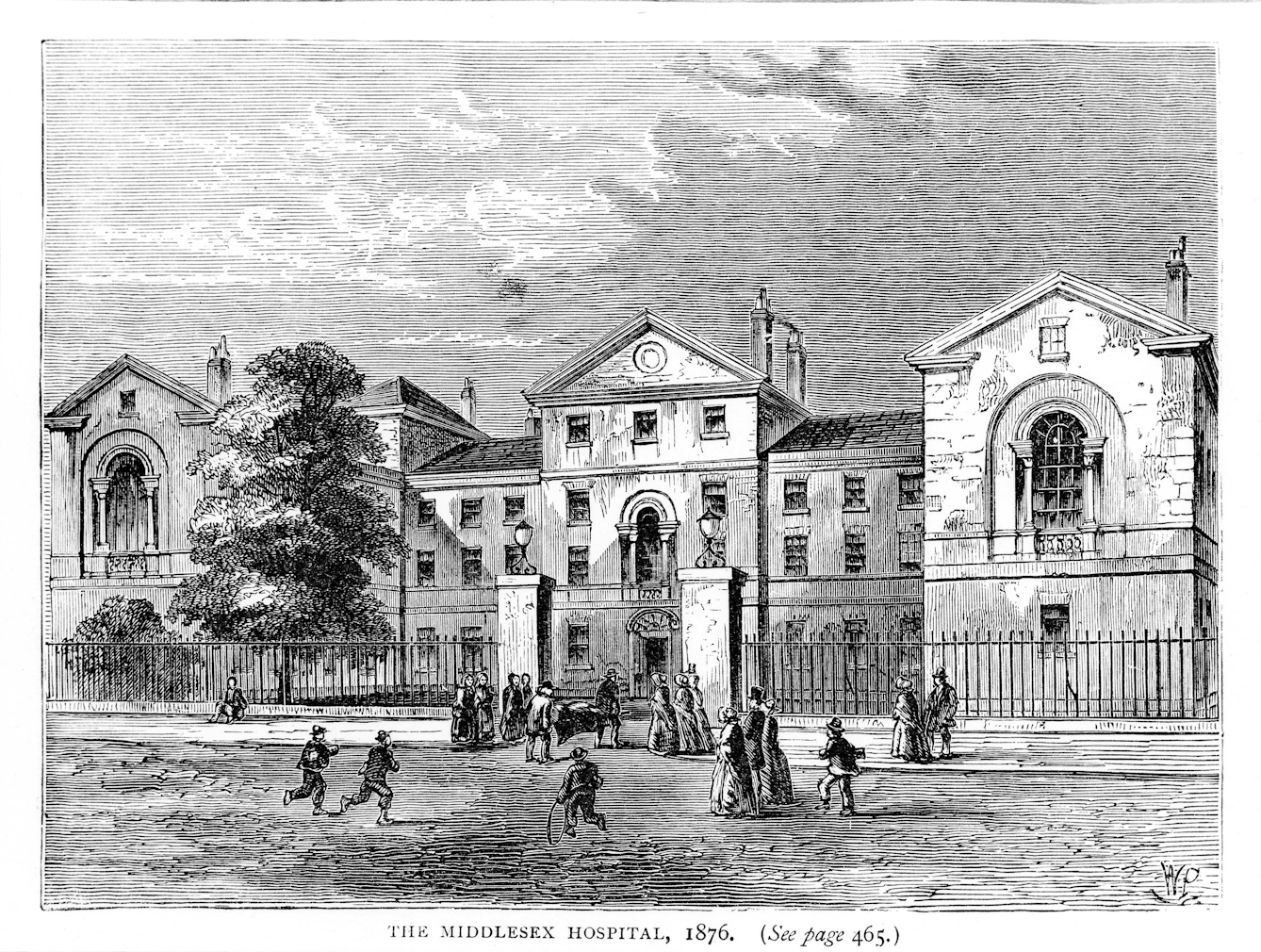 Engraving of the Middlesex Hospital building with figures pictured in the foreground