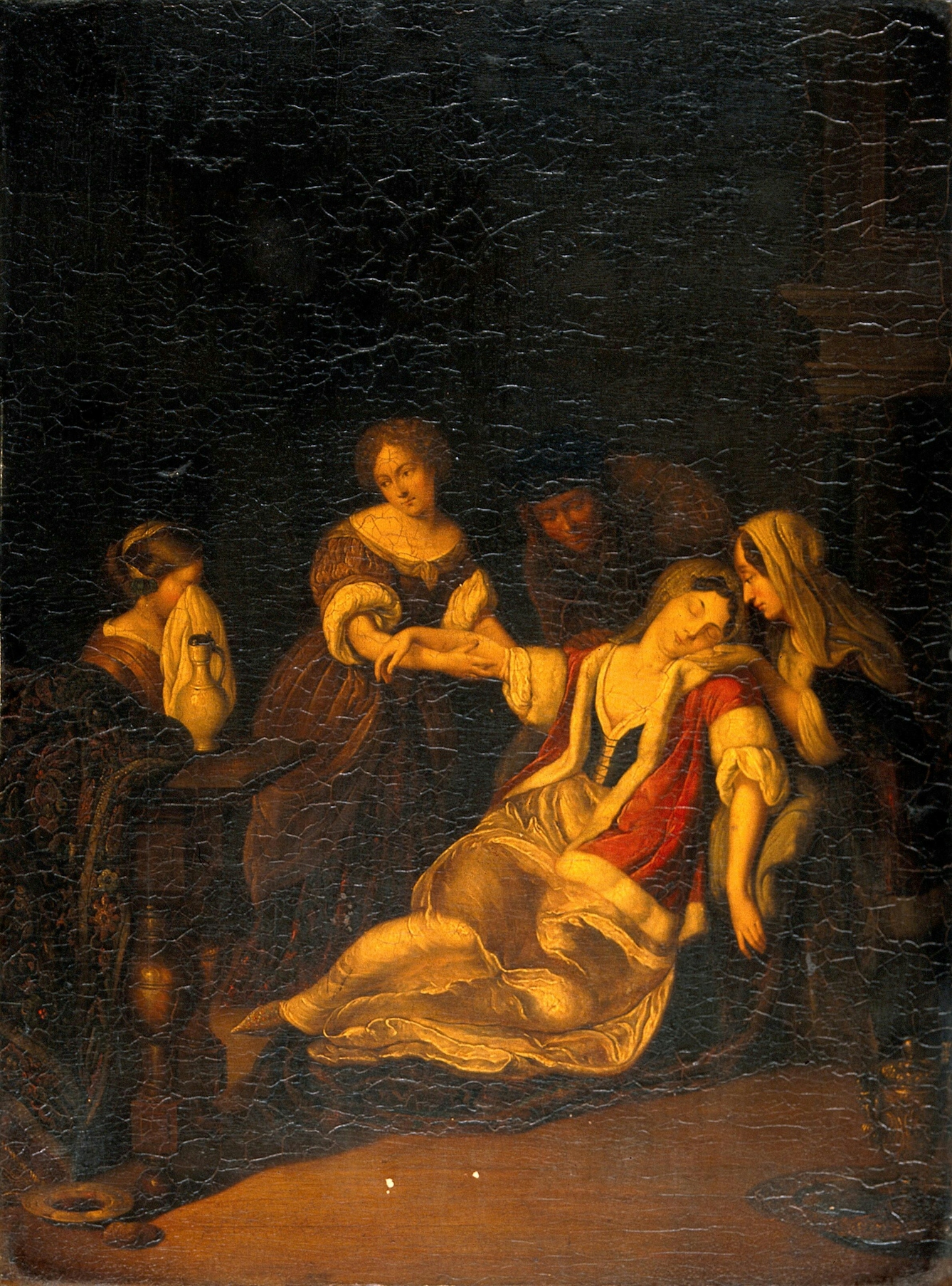 Oil painting showing a woman fainting. Behind her is a man, possibly a doctor, and to her left and right are women who support her arms and head. To the left of the image, a young woman or girl covers her face with a cloth, possibly weeping. 