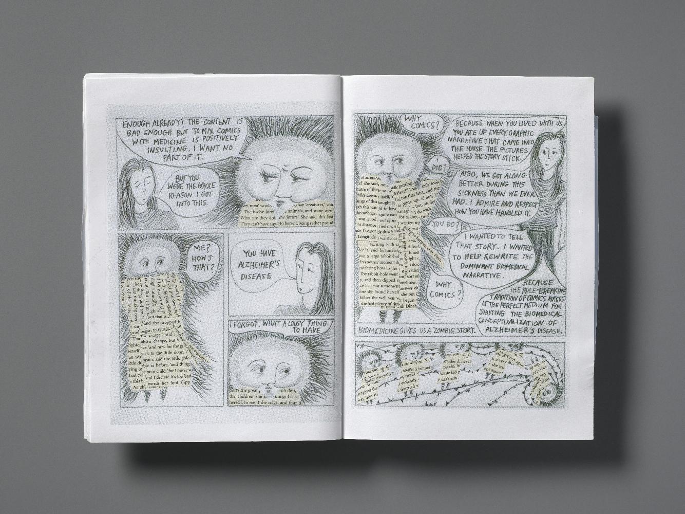 A double page spread from a comic-zine titled "Graphic Medicine and Anthropology..." The panels of the comic depict a conversation between a young woman and her mother, who has alzheimer's disease. The mother asks why her daughter makes comics about medicine and why she includes her mother in them. The daughter says it's because she wants to tell the story of how graphic stories helped her mum remember what she read and because of the rule-breaking tradition of comics, which could challenge the biomedical view of alzheimer's disease.