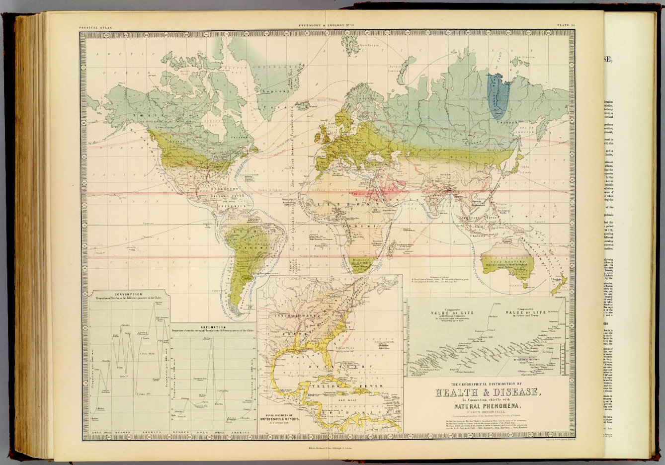 A colour map fo the world showing the "geographical distribution of health and disease in countries in connection chiefly with natural phenomena". Areas and colour-coded and lines are drawn across the map to show the direction of spread on epidemic diseases. Charts along the bottom refer to specific diseases including consumption and rheumatism. An enlagement of Central Americal shows endemic yellow fever.