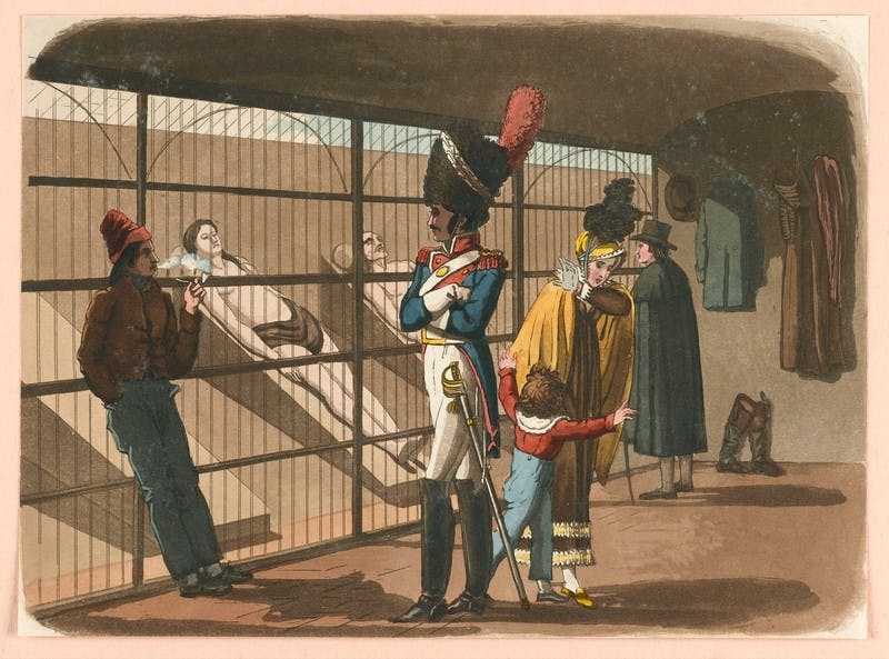 Colour painting of people in a morgue in Paris. Two cadavers are visible behind railings, with a soldier looking on and a woman with a young child turning away.