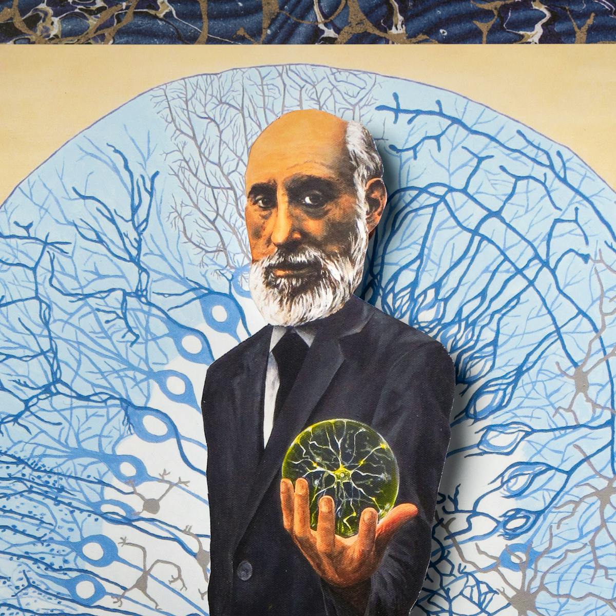 An illustration of an old white man, with a white beard, wearing a dark suit. The man is holding a yellow orb shaped object depicting a biological cell with a spider-like group of neural pathways.