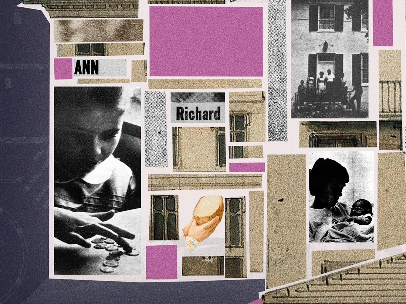 Crop from a larger digital collage. Shown is a building, labelled 'The Birthplace of'. The building's interior is filled with different collage elements, including newspaper cut-outs reading 'Beveridge', 'Ann', 'Richard', 'Governor', 'Population', 'Oakley', 'William' and 'Mauritius'. There are a number of black and white images, one of a baby lying down, one of a mother holding a baby, one of a child playing with coins on a table, and one of a child holding a bag. There are a number of windows and balconies, a chimney, and a central door with steps leading down from it.